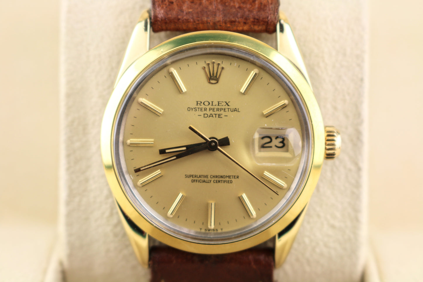 1984 Rolex Date 15505 Champagne Stick Gold Shell Brown Leather Strap 34mm