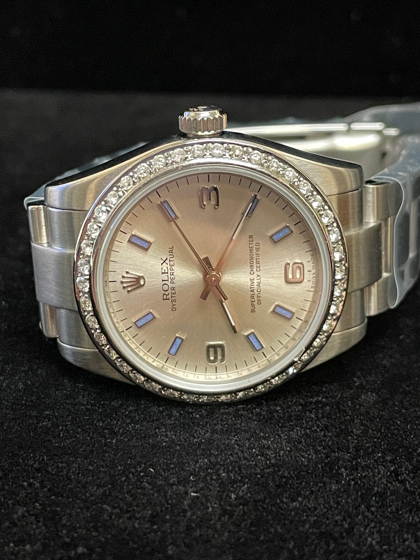 2007 Rolex Oyster Perpetual 177210 Silver Blue Dial Diamond Bezel SS Oyster 31mm
