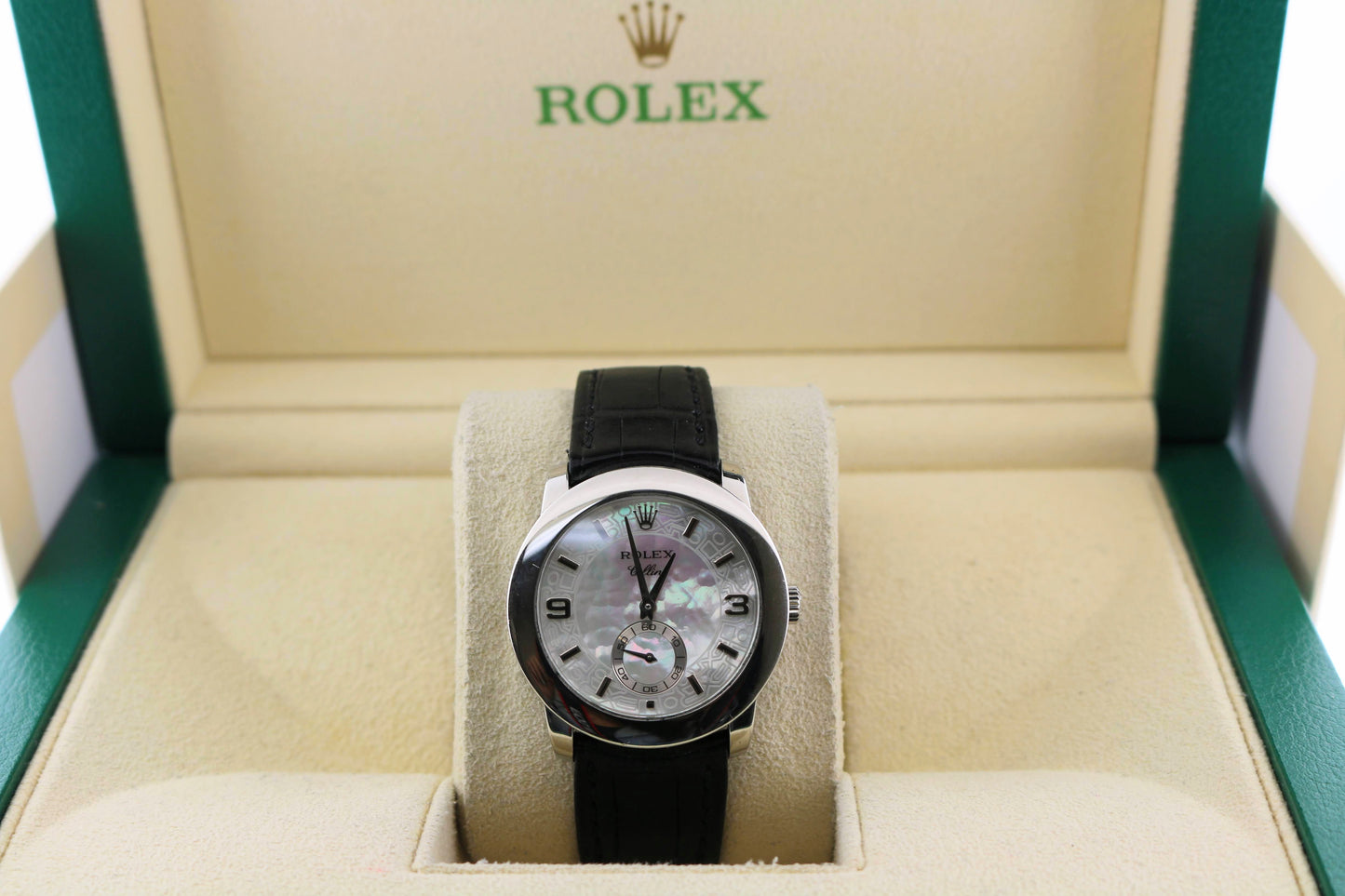2001 Platinum Rolex Cellini Cellinium 5240 White Mop Factory Black Strap 35mm