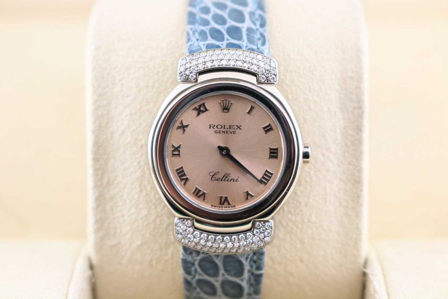 2001 Rolex Ladies Cellini 6672 Pink Roman Dial Blue Leather Strap Diam Lugs 18kt