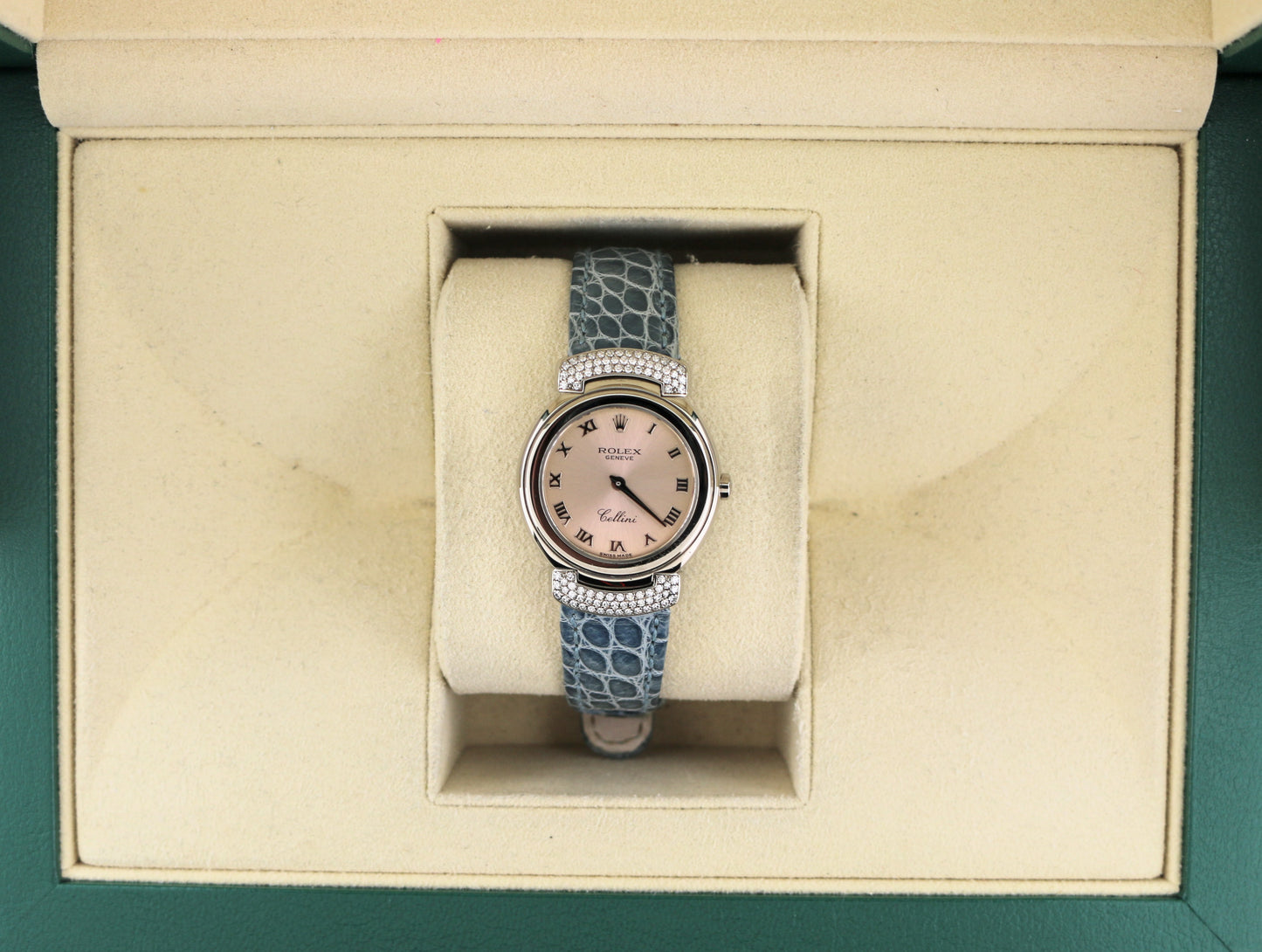 2001 Rolex Ladies Cellini 6672 Pink Roman Dial Blue Leather Strap Diam Lugs 18kt