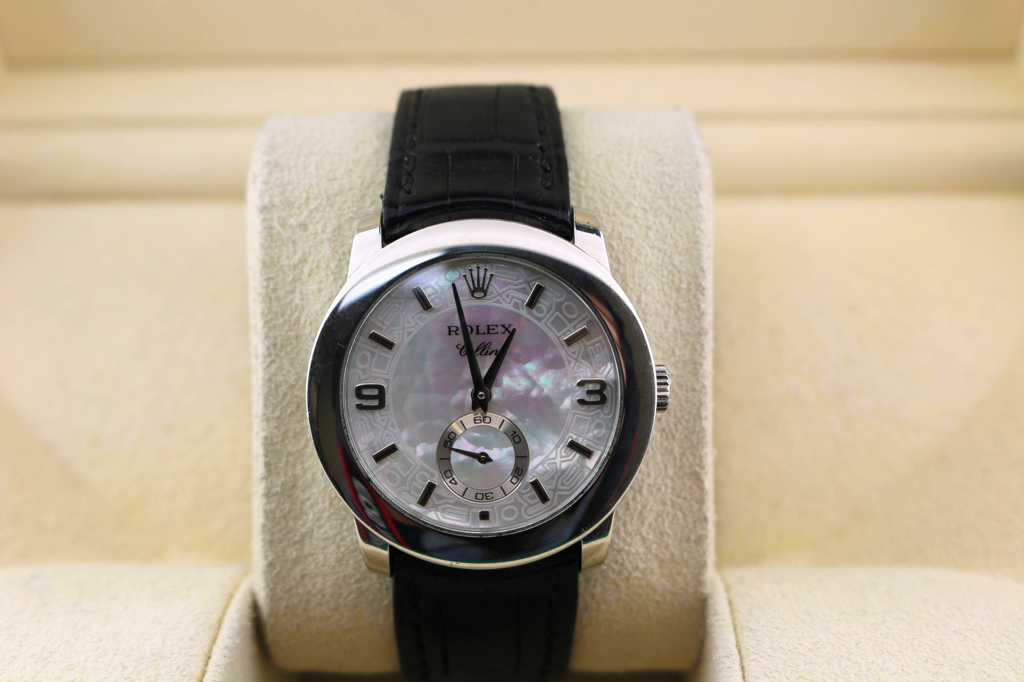 2001 Platinum Rolex Cellini Cellinium 5240 White Mop Factory Black Strap 35mm