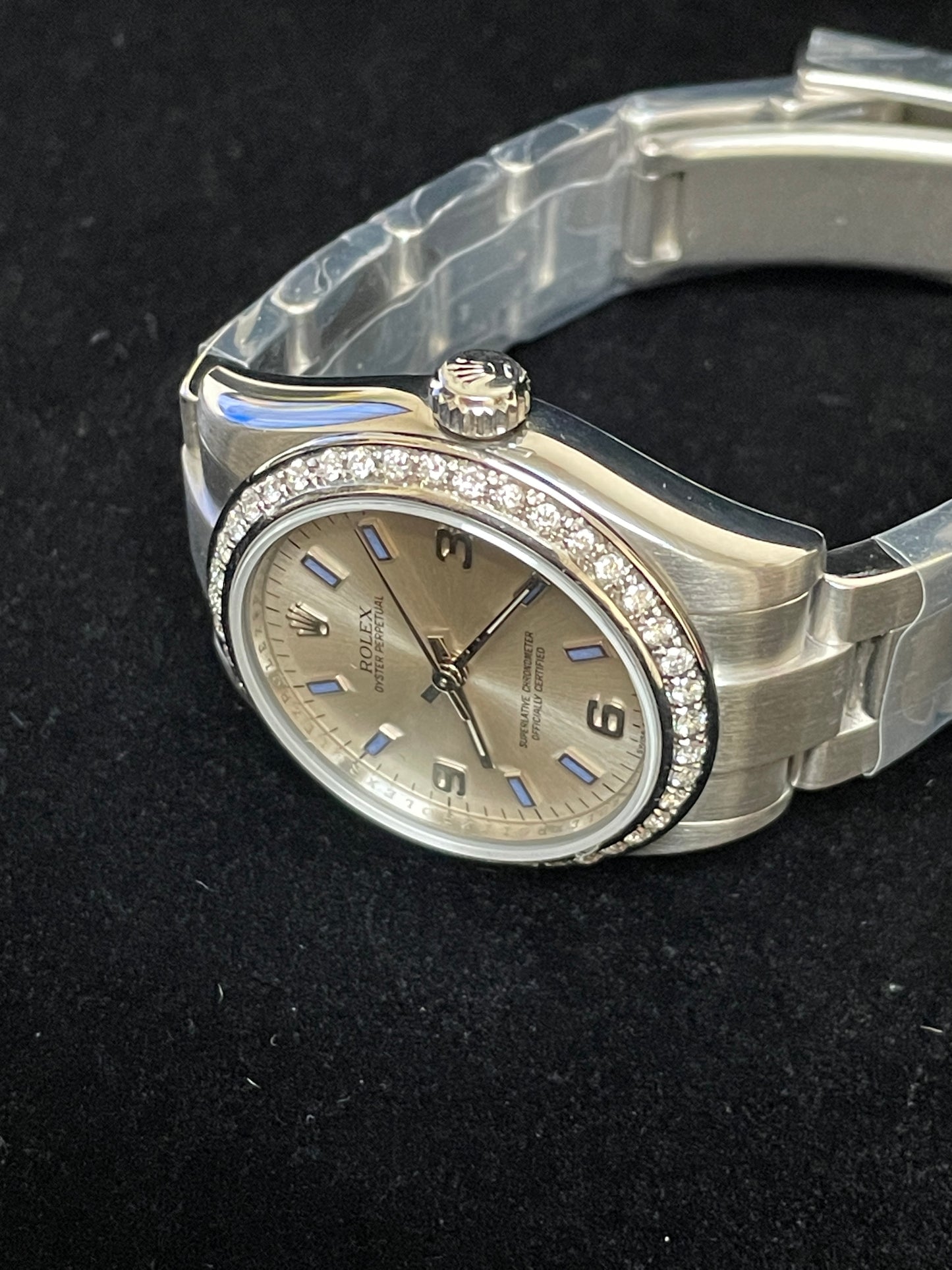 2007 Rolex Oyster Perpetual 177210 Silver Blue Dial Diamond Bezel SS Oyster 31mm