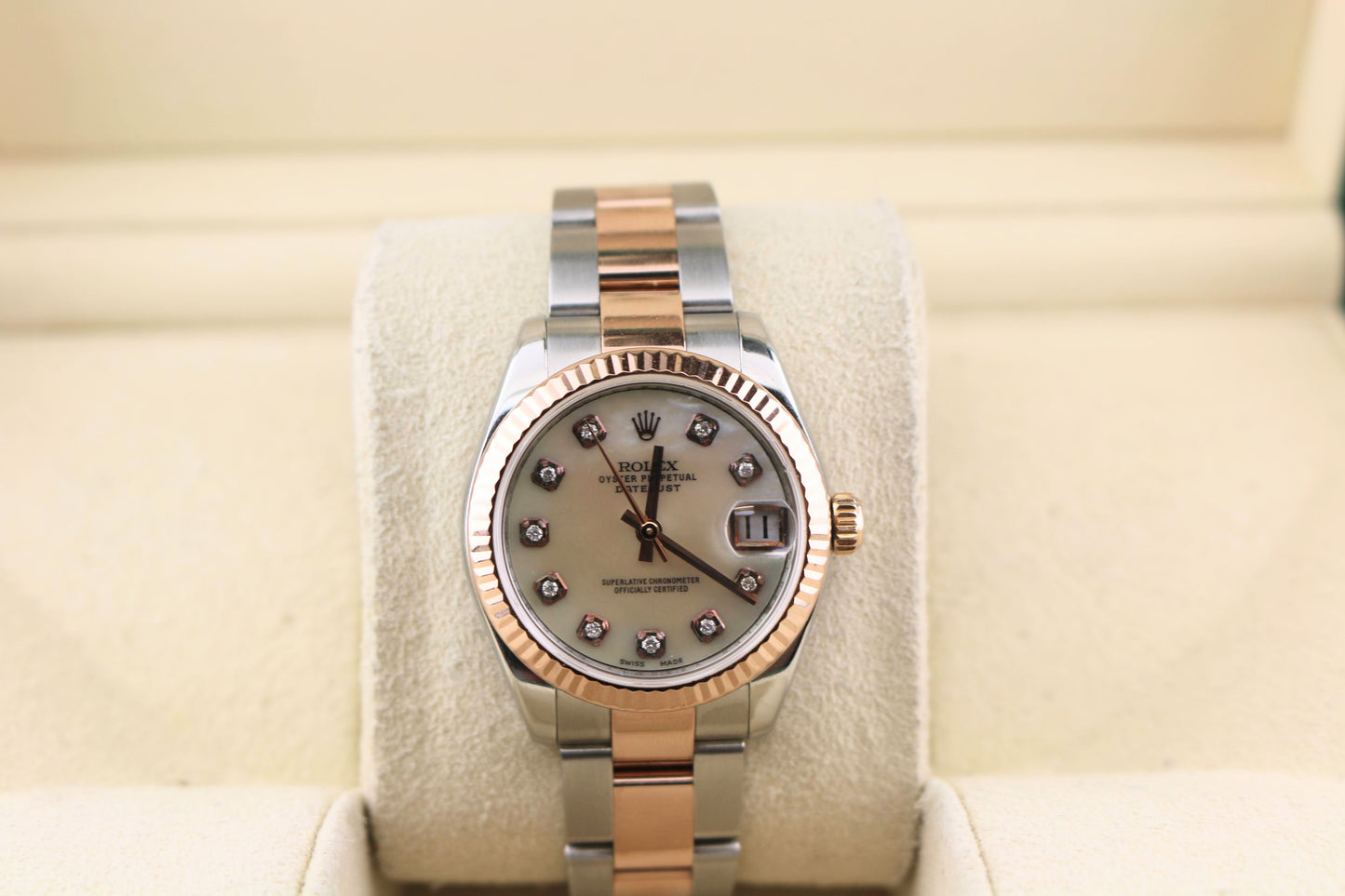 2009 Rolex Midsize Datejust 178271 White MOP Diamond Dial RG Oyster 31mm