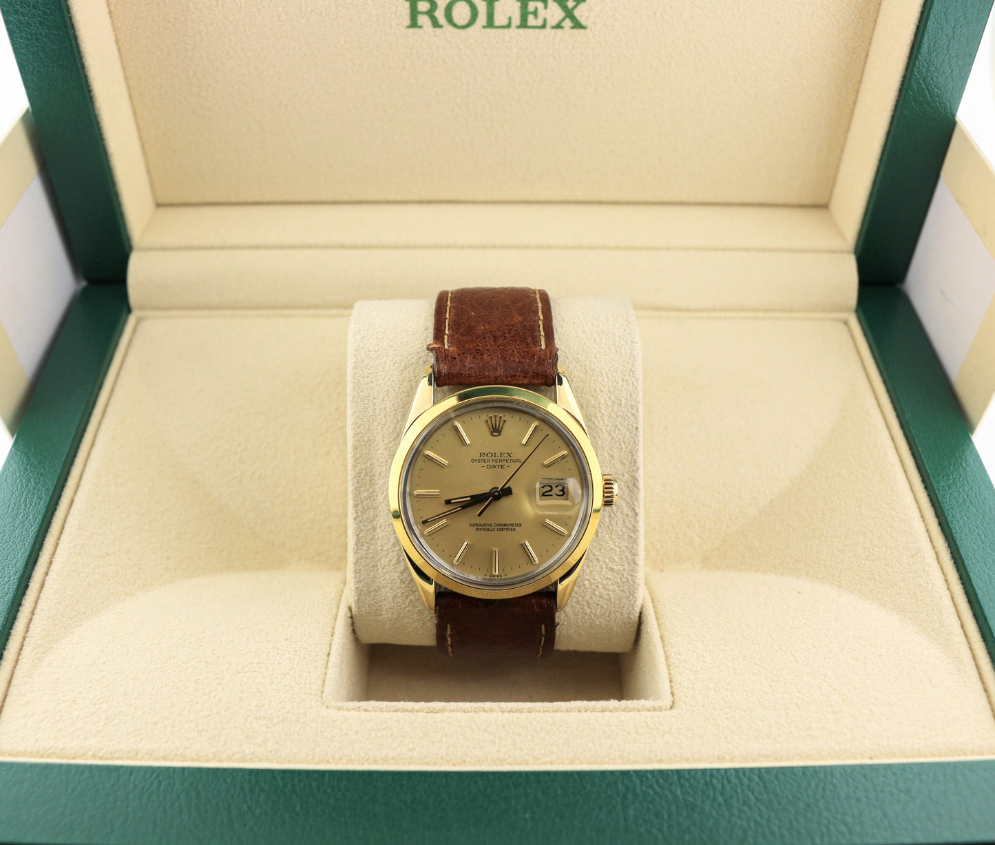 1984 Rolex Date 15505 Champagne Stick Gold Shell Brown Leather Strap 34mm