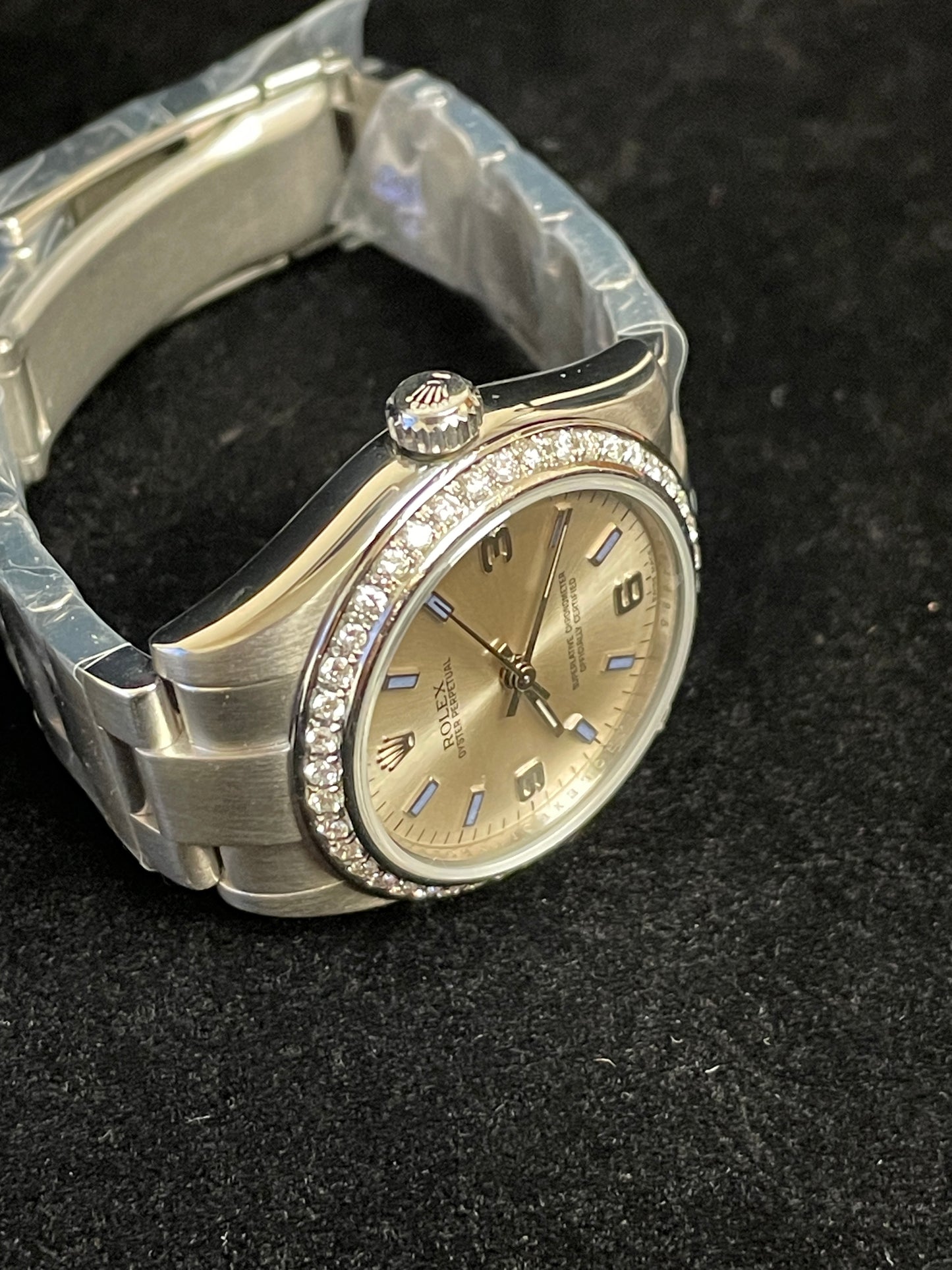 2007 Rolex Oyster Perpetual 177210 Silver Blue Dial Diamond Bezel SS Oyster 31mm