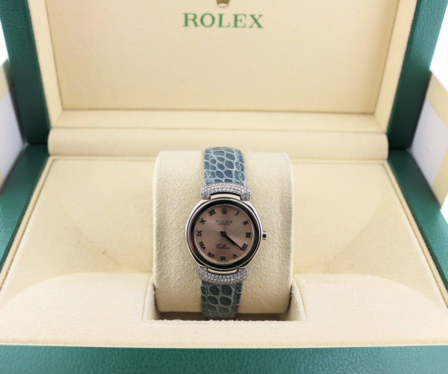 2001 Rolex Ladies Cellini 6672 Pink Roman Dial Blue Leather Strap Diam Lugs 18kt