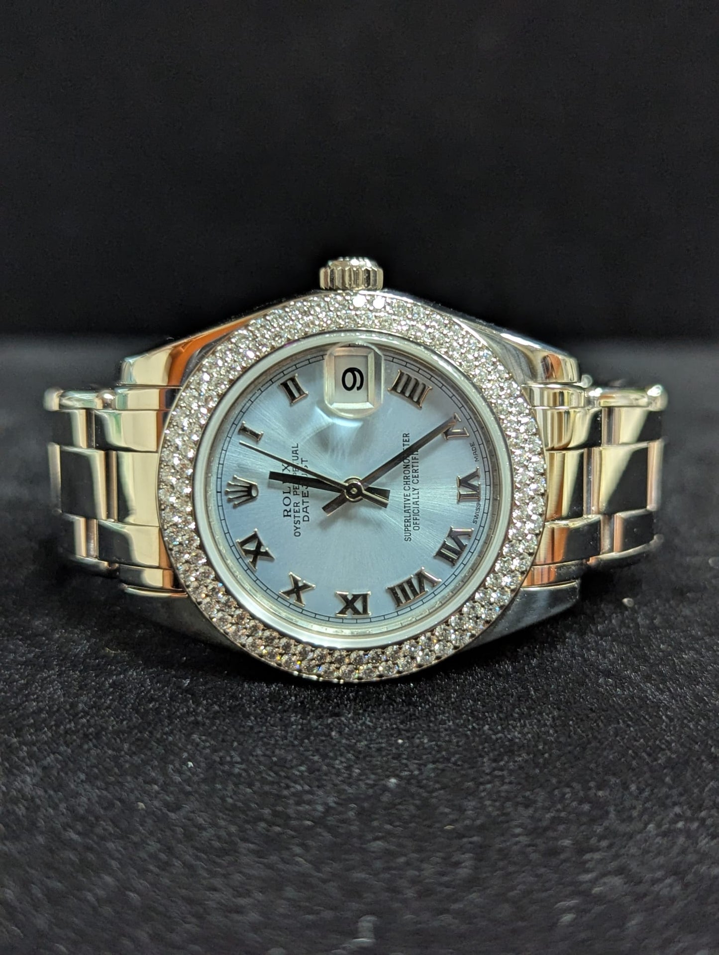 OHA 2009 Rolex Pearlmaster 81339 Blue Roman Two Row Diam Bezel 18kt WG W/ Paper 34mm