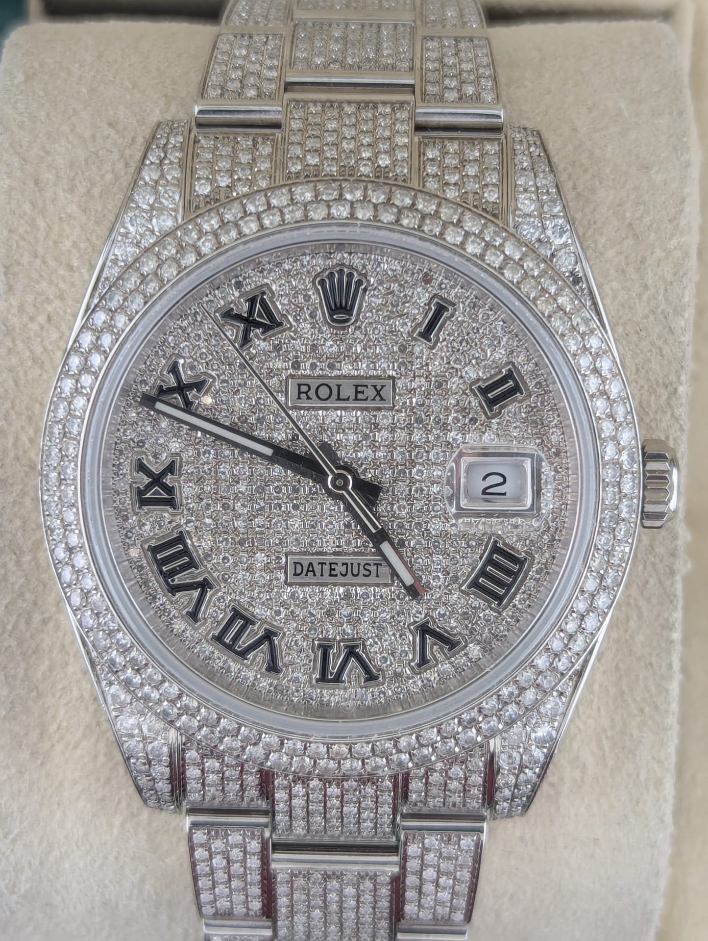 2022 Rolex Datejust 126300 Diamond Black Roman Dial SS Oyster Iced W Papers 41mm