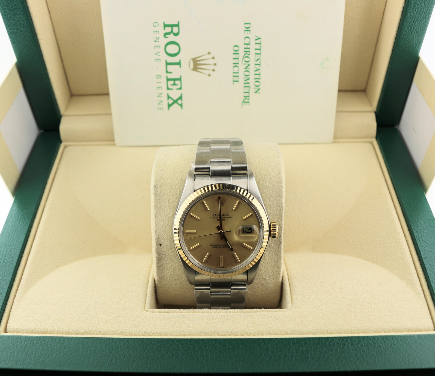1980 Rolex Date 1505 Champagne Dial Two-Tone Bezel SS Oyster With Papers 34mm
