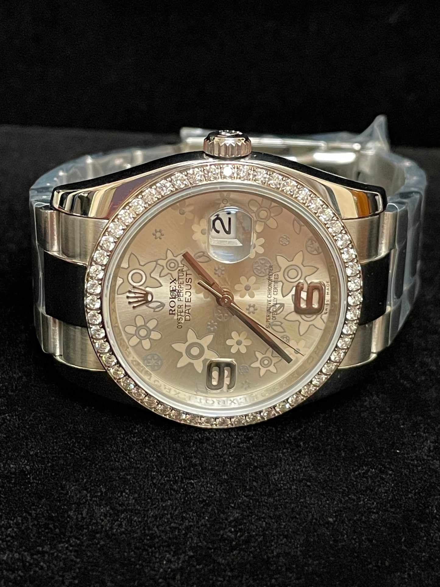 OHA 2010 Rolex Datejust 116244 Silver Floral Diamond Bezel SS Oyster W/ Papers 36mm