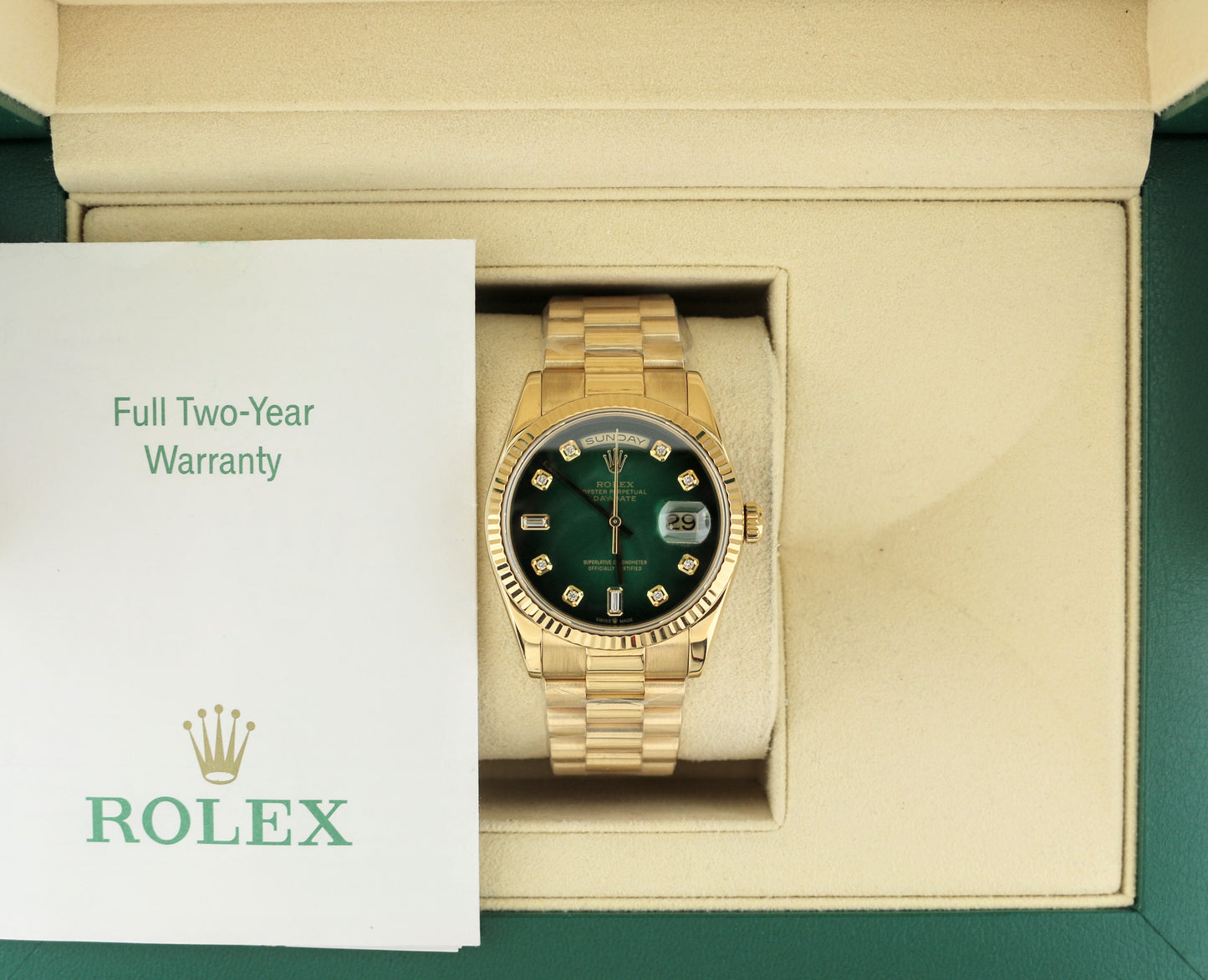 2006 Rolex Day-Date 118238 Green Diamond Dial 18kt President With Papers 36mm
