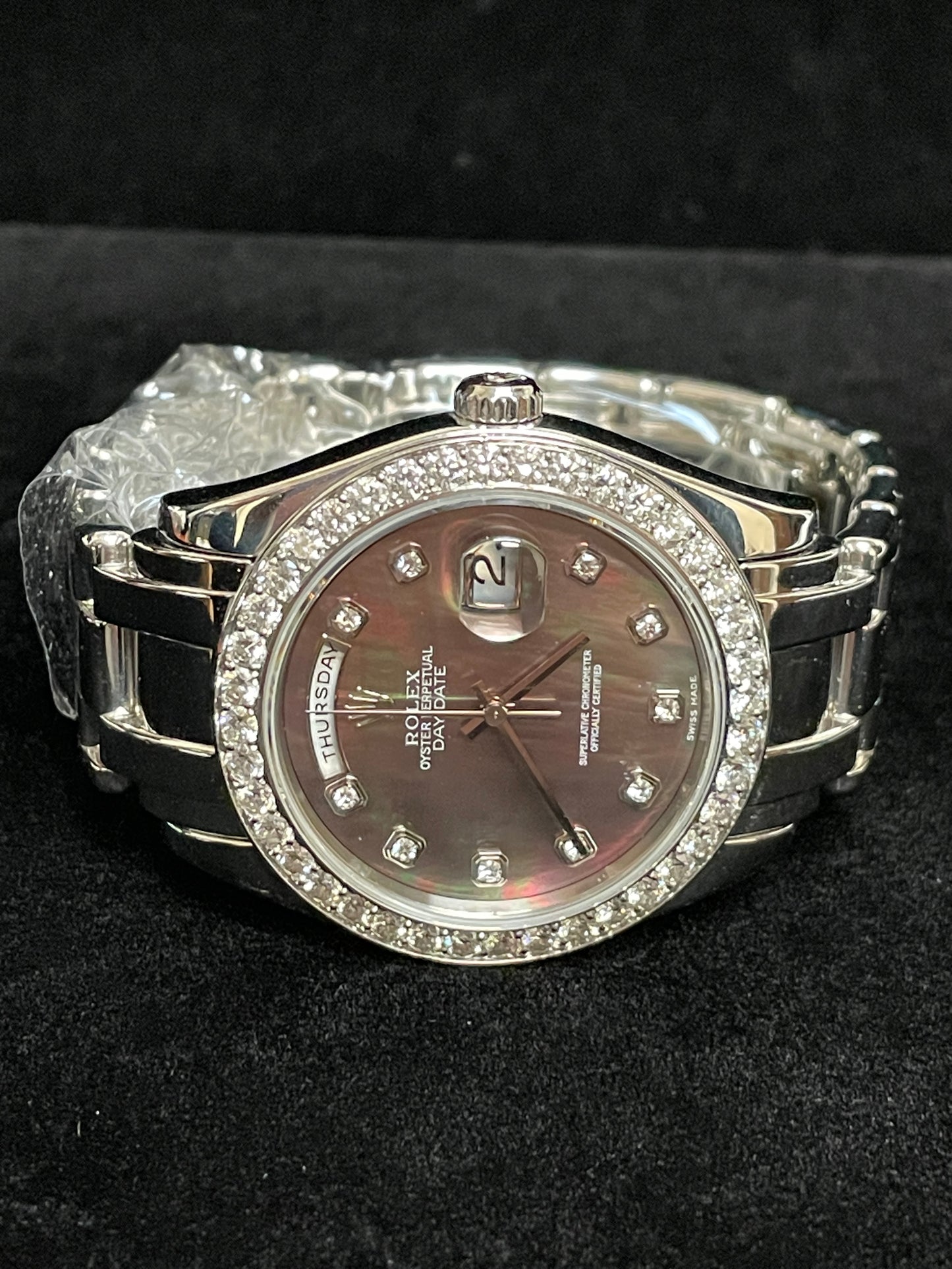 1999 Rolex Day-Date 18946 Tahitian MOP Diamond Dial Platinum Masterpiece 39mm