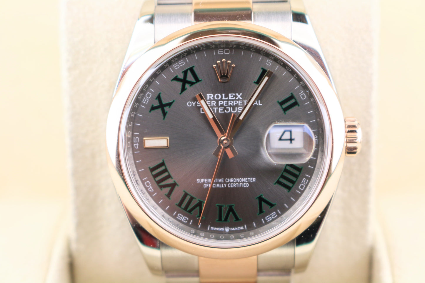 OH 2020 Rolex Datejust 126201 Wimbledon Roman Dial TT Oyster Rose With Papers 36mm