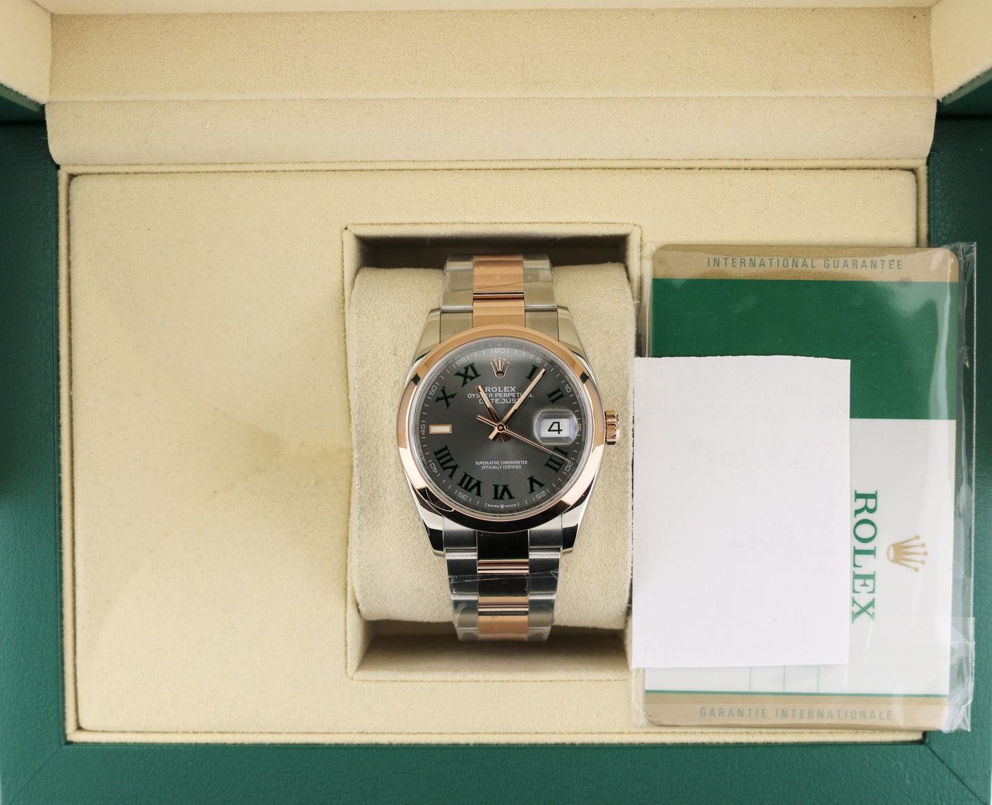 OH 2020 Rolex Datejust 126201 Wimbledon Roman Dial TT Oyster Rose With Papers 36mm