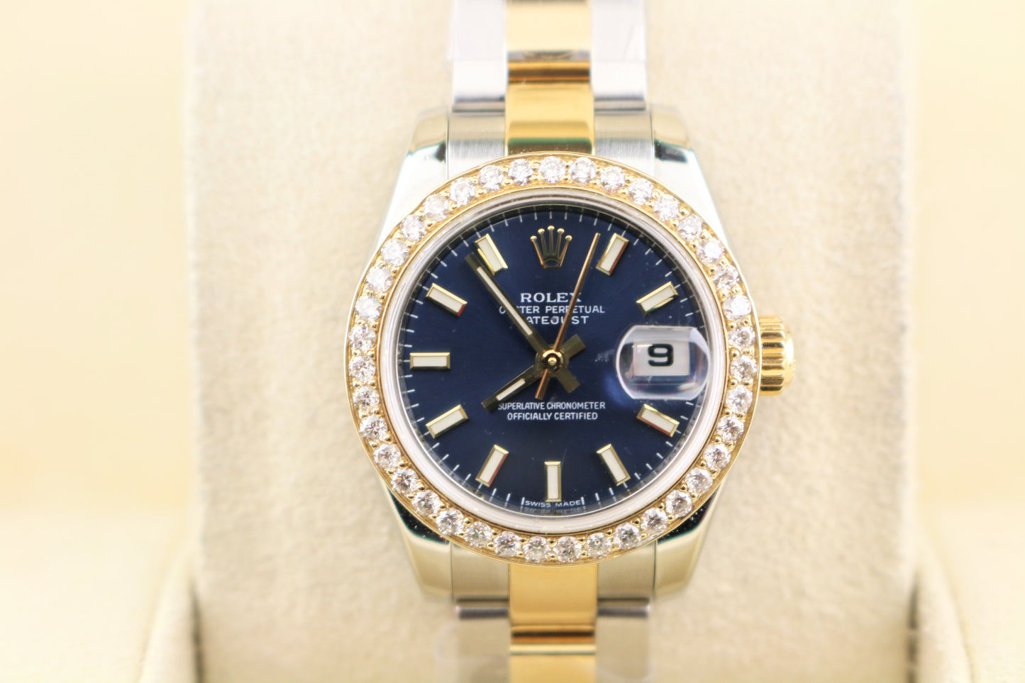 2007 Rolex Ladies Datejust 179173 Diamond Bezel Blue Dial TT 18kt Oyster 26mm