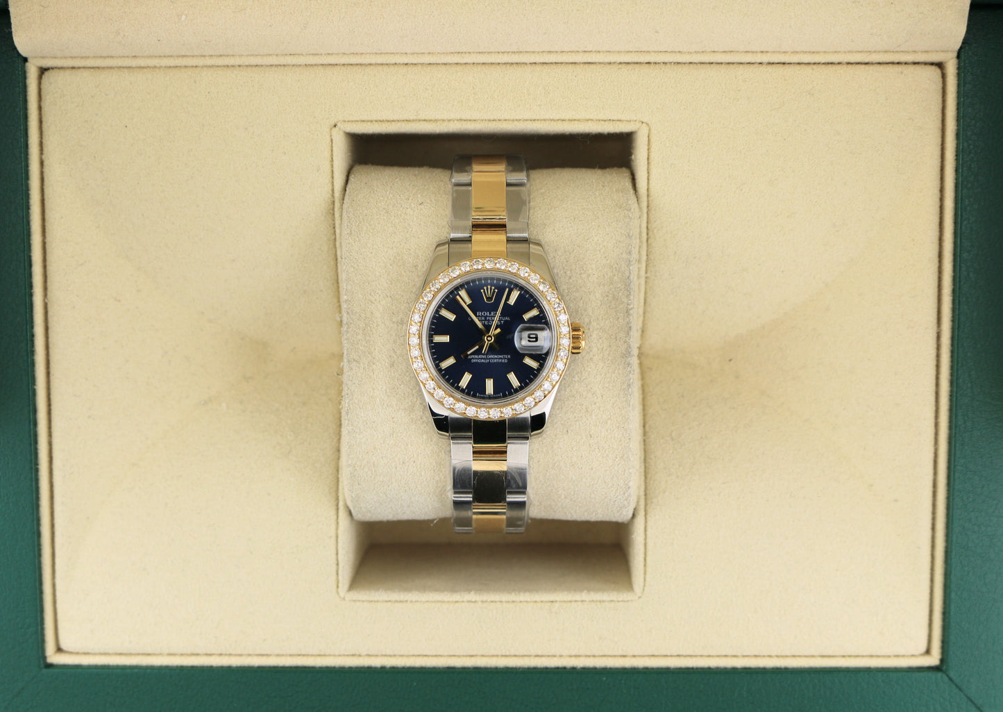2007 Rolex Ladies Datejust 179173 Diamond Bezel Blue Dial TT 18kt Oyster 26mm