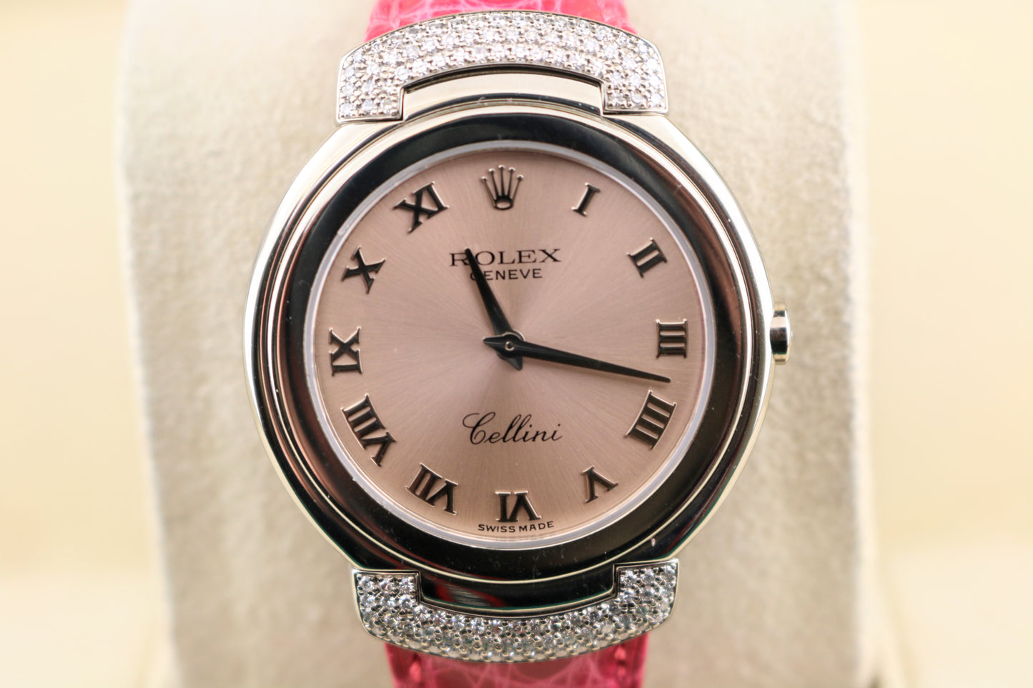 Rolex Lady Cellini 6682 Pink Roman Dial Leather strap Diamond lugs 18kt WG 33mm