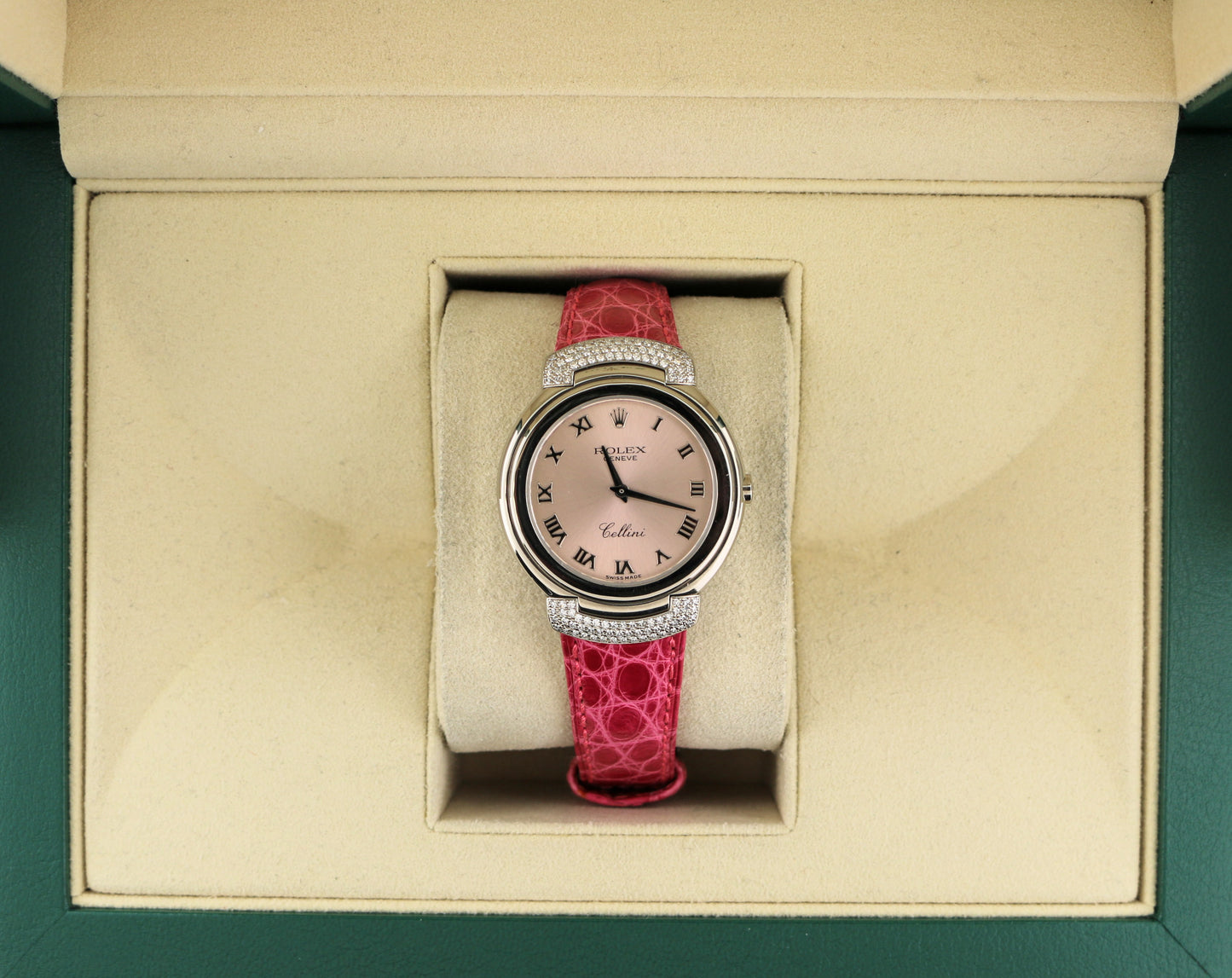 Rolex Lady Cellini 6682 Pink Roman Dial Leather strap Diamond lugs 18kt WG 33mm
