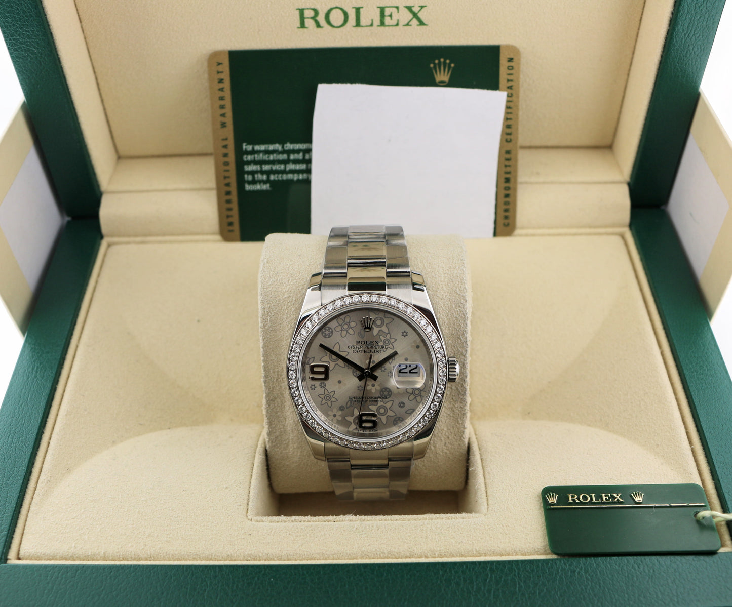 OHA 2010 Rolex Datejust 116244 Silver Floral Diamond Bezel SS Oyster W/ Papers 36mm