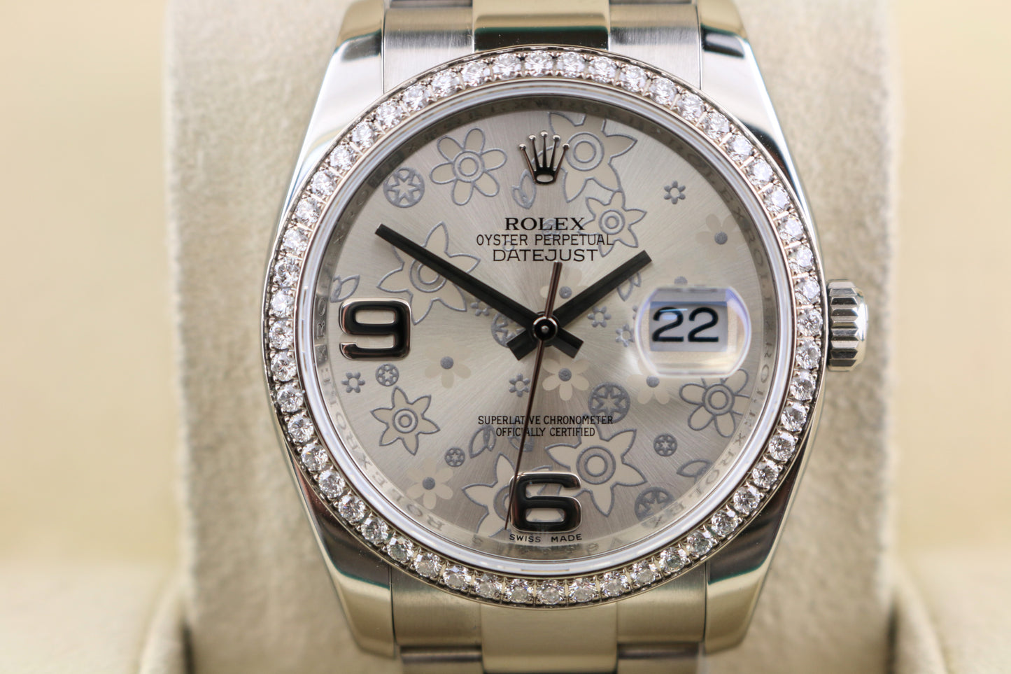 OHA 2010 Rolex Datejust 116244 Silver Floral Diamond Bezel SS Oyster W/ Papers 36mm