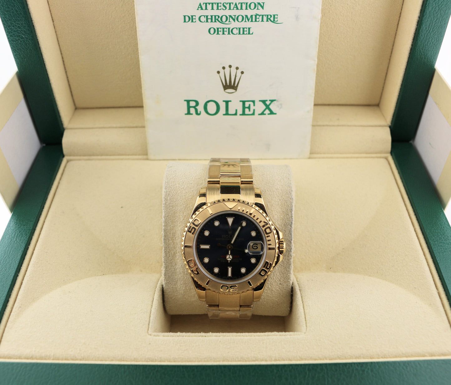 1997 Rolex Yacht-Master 68628 Midsize Blue Dial Solid 18kt Oyster W/ Papers 35mm
