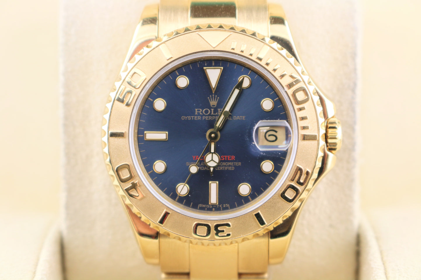 1997 Rolex Yacht-Master 68628 Midsize Blue Dial Solid 18kt Oyster W/ Papers 35mm
