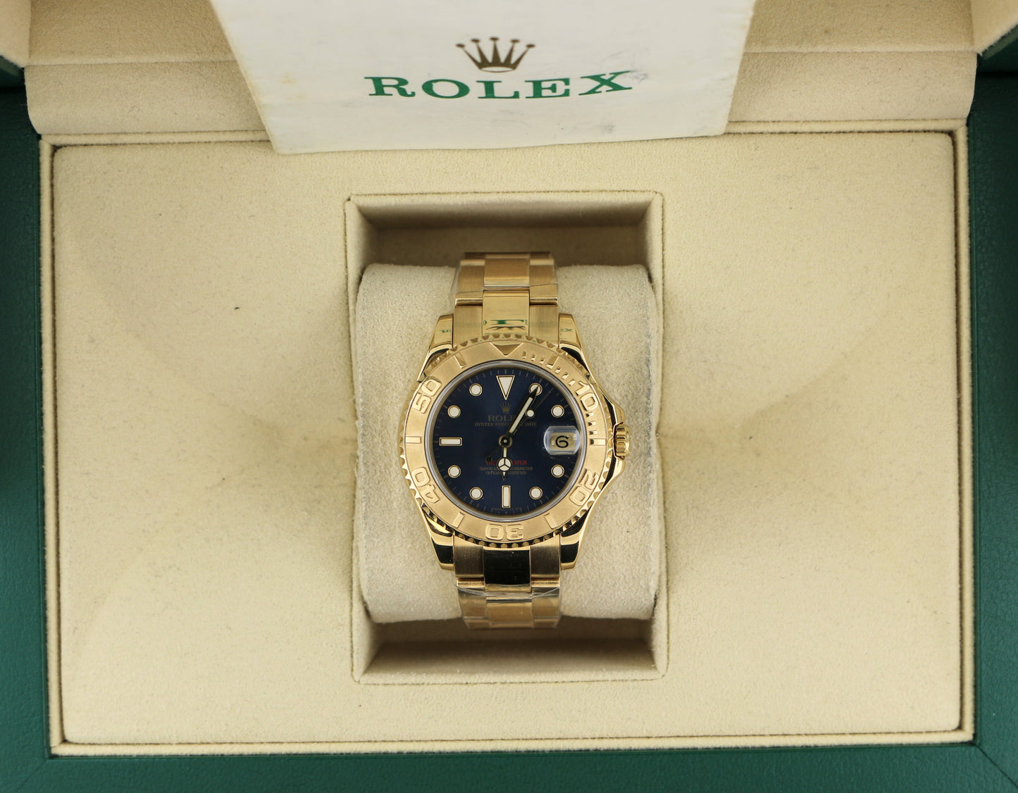 1997 Rolex Yacht-Master 68628 Midsize Blue Dial Solid 18kt Oyster W/ Papers 35mm
