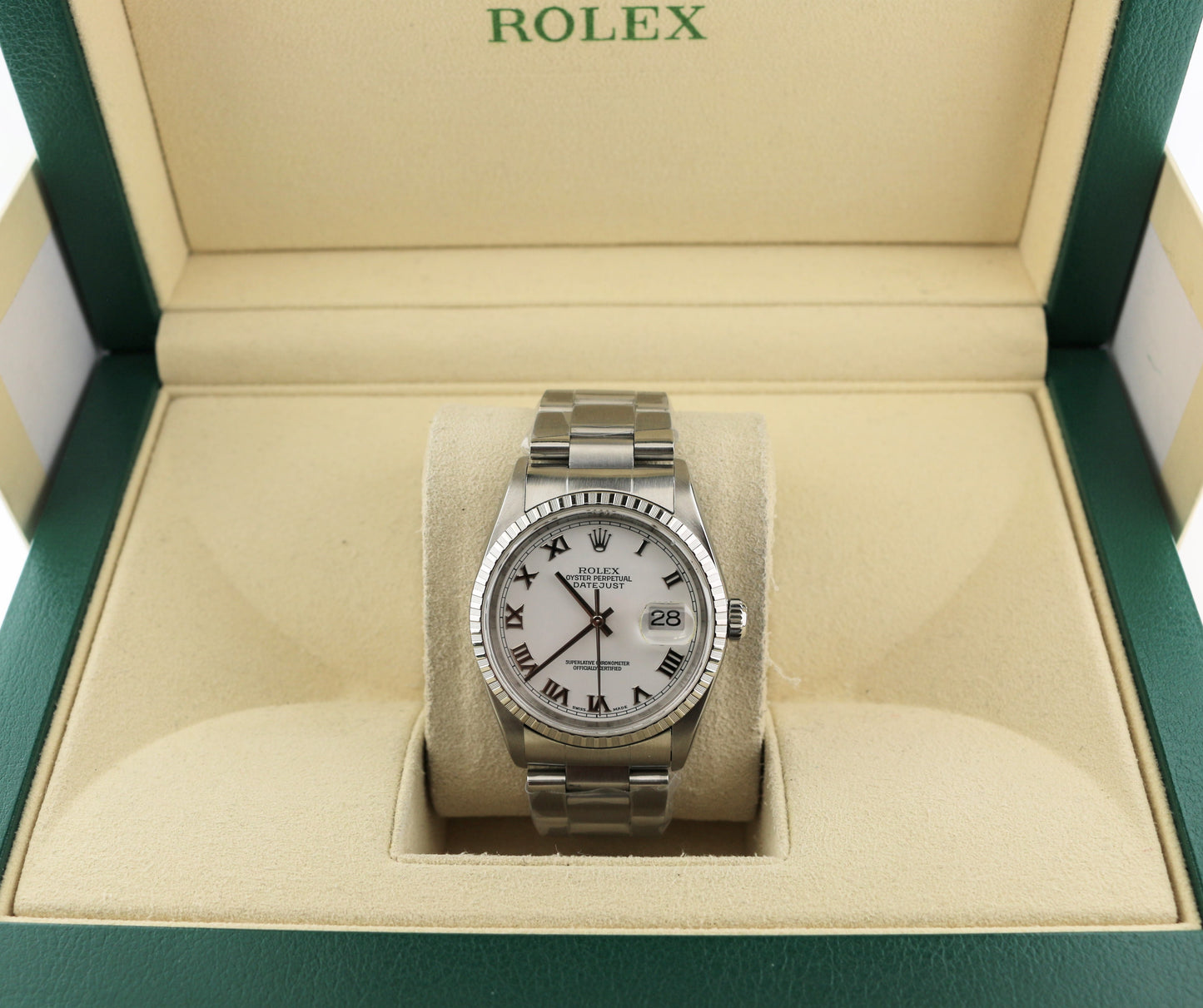 2001 Rolex Datejust 16220 White Roman Dial SS Oyster No Holes Case 36mm