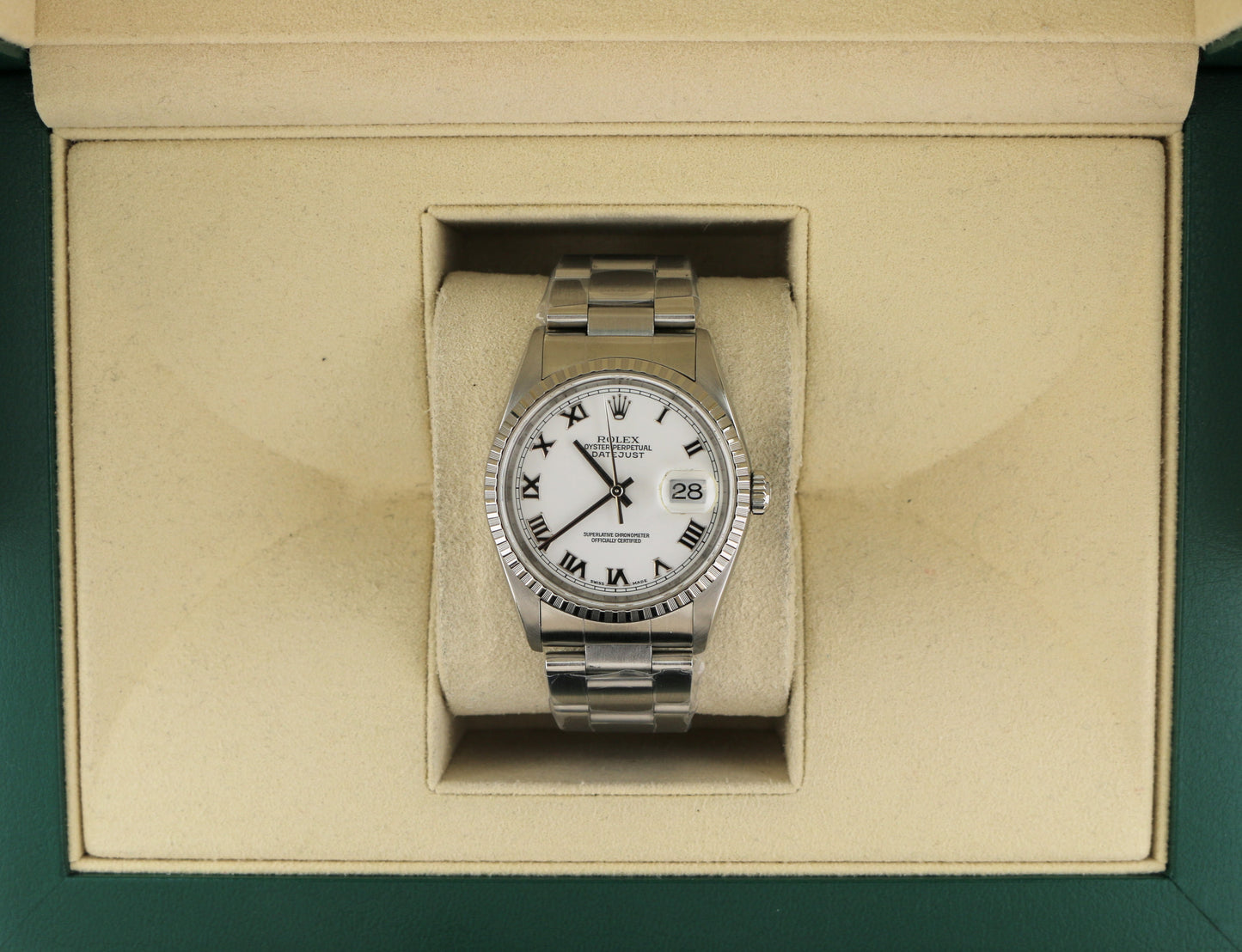 2001 Rolex Datejust 16220 White Roman Dial SS Oyster No Holes Case 36mm