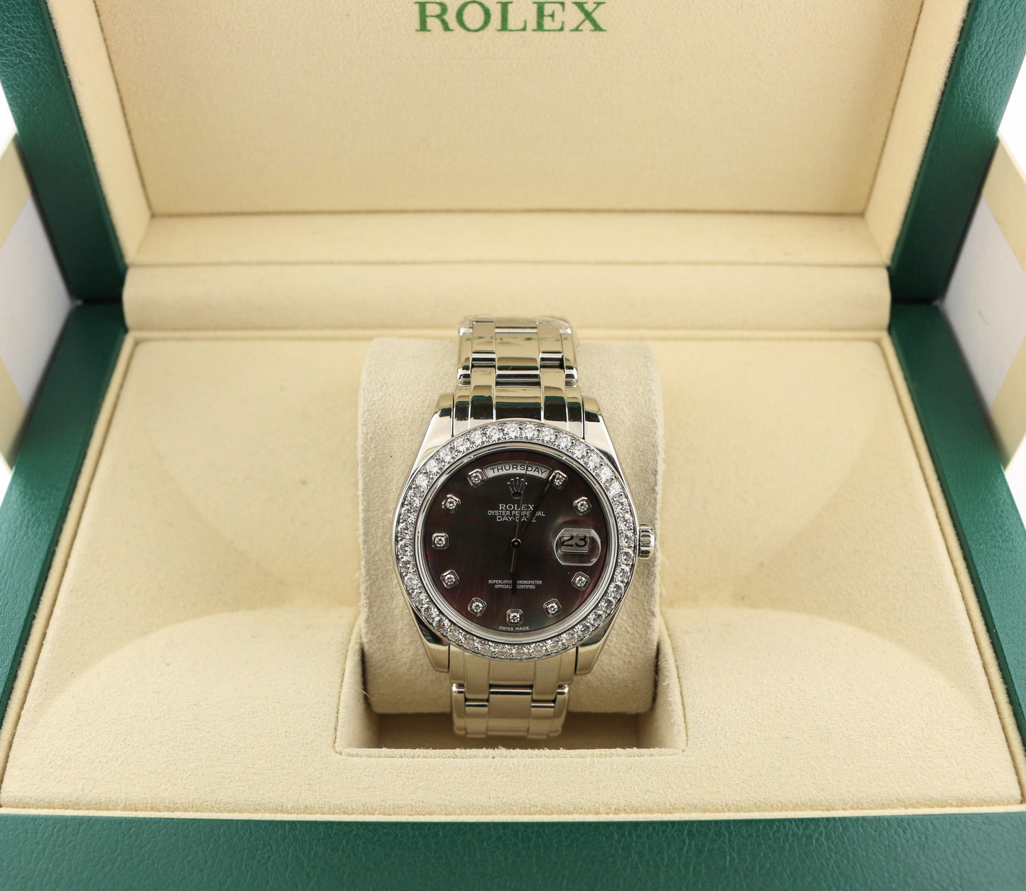 1999 Rolex Day-Date 18946 Tahitian MOP Diamond Dial Platinum Masterpiece 39mm
