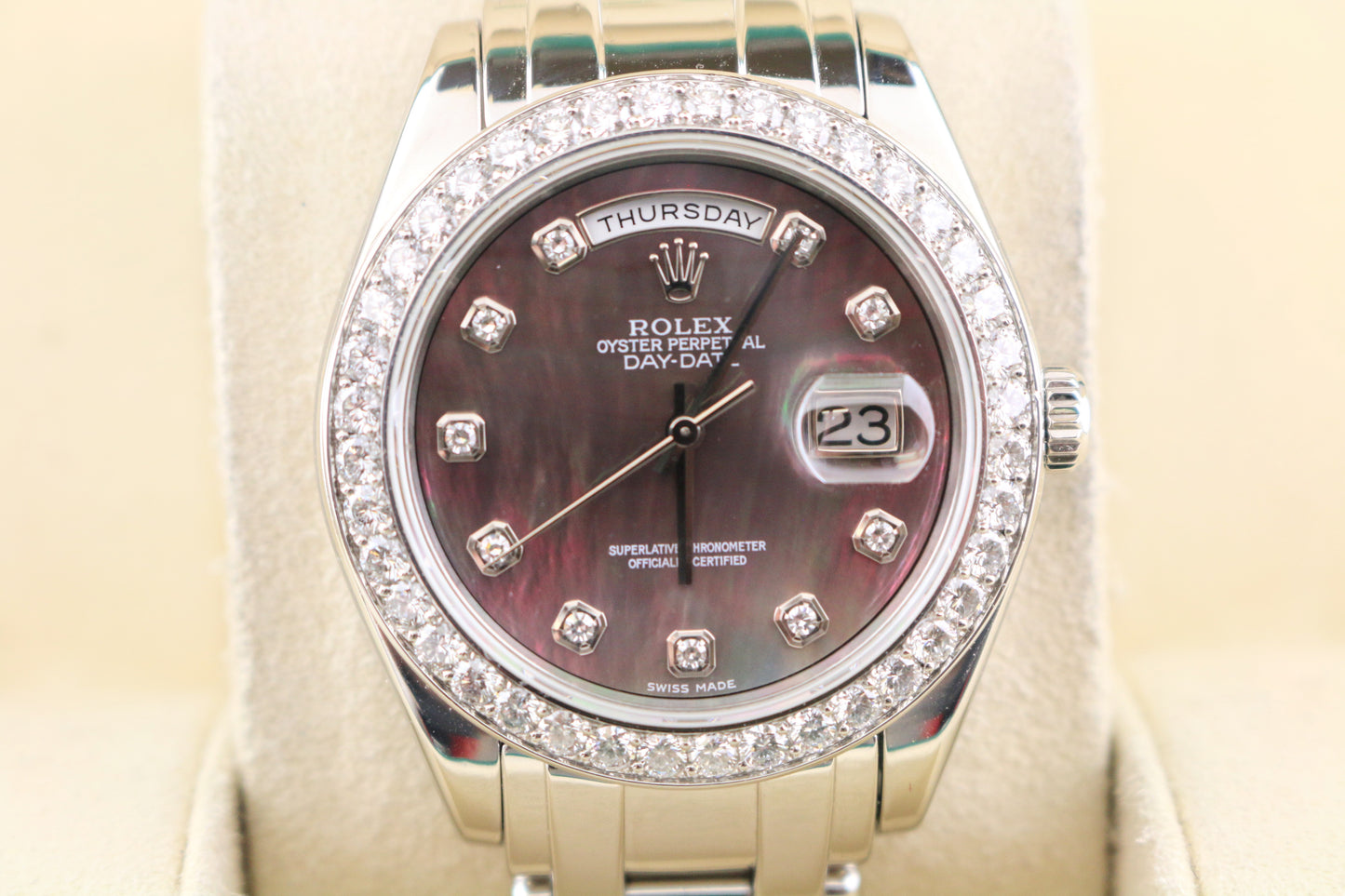 1999 Rolex Day-Date 18946 Tahitian MOP Diamond Dial Platinum Masterpiece 39mm