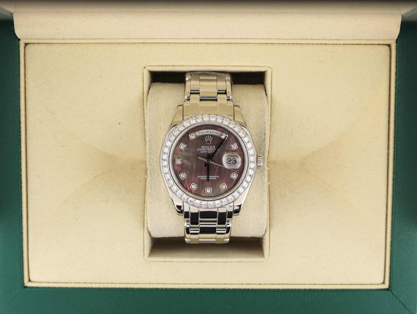 1999 Rolex Day-Date 18946 Tahitian MOP Diamond Dial Platinum Masterpiece 39mm