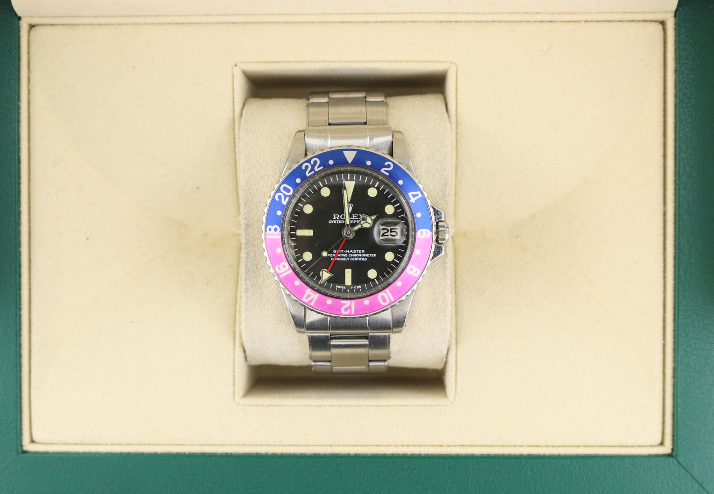 1967 Rolex GMT-Master Fuchsia 1675 Black Dial SS Rivet No Papers 40mm