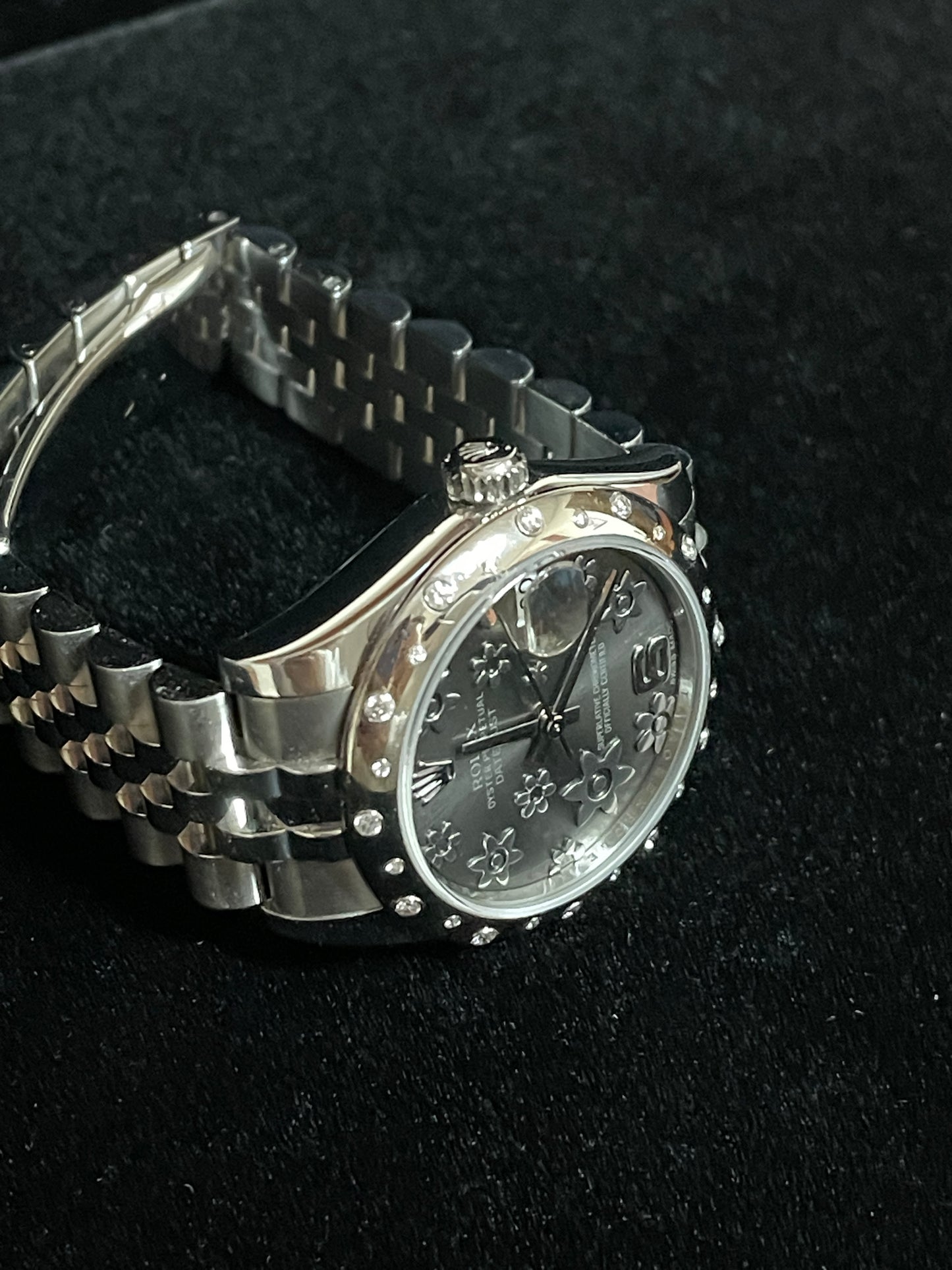 2013 Rolex Datejust 178344 Grey Floral Dial Diamond Bezel SS Jubilee Papers 31mm