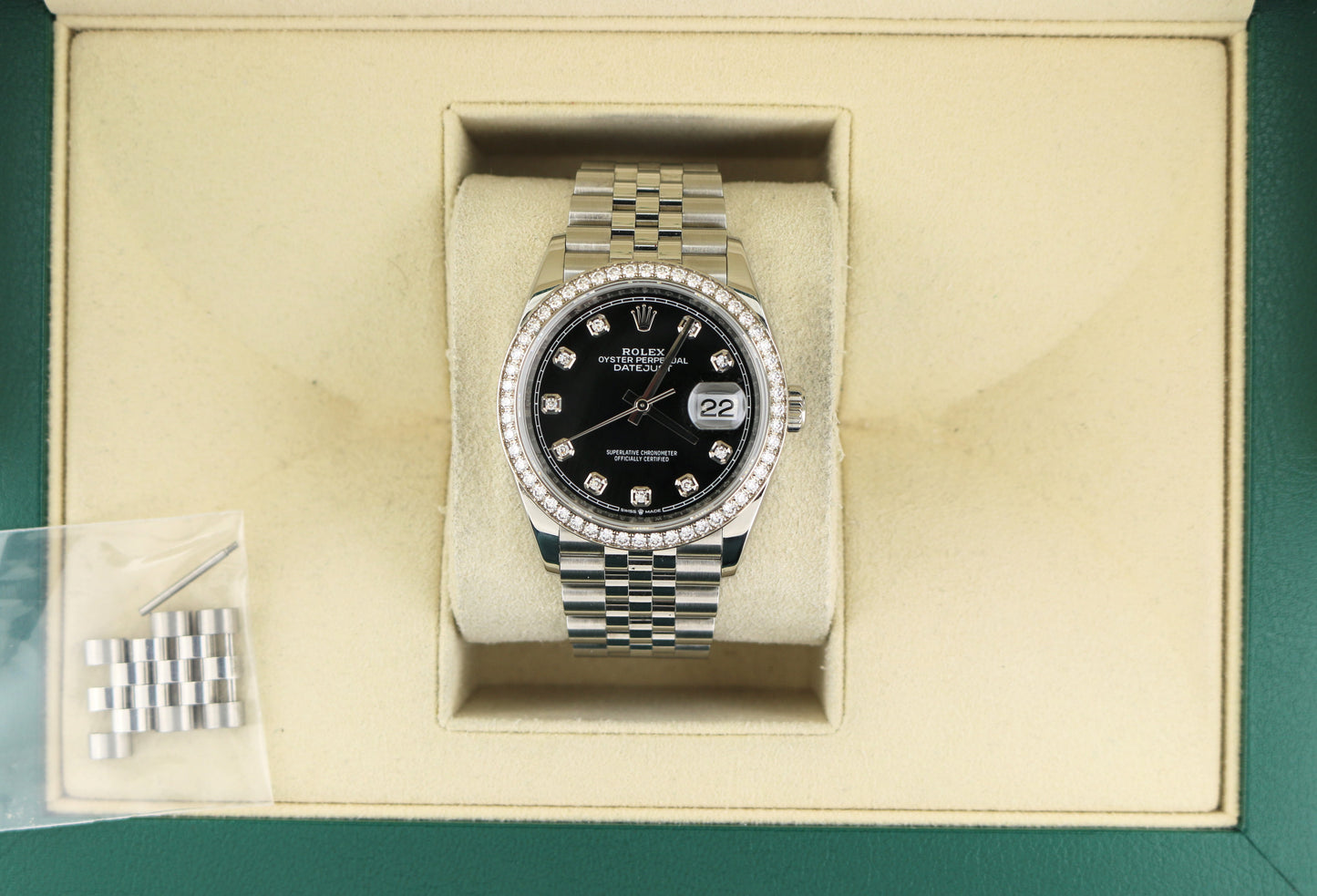 2020 Rolex Datejust 126284RBR Black Diamond Dial and Bezel SS Jubilee 36mm