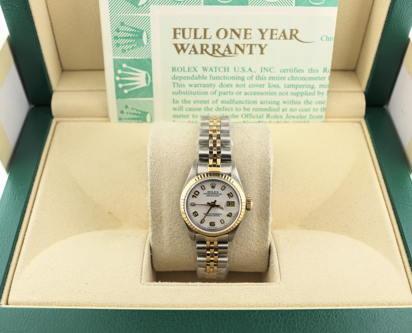 Rolex Ladies Datejust 69173 White Arabic Dial TT 18kt Jubilee With Papers 26mm