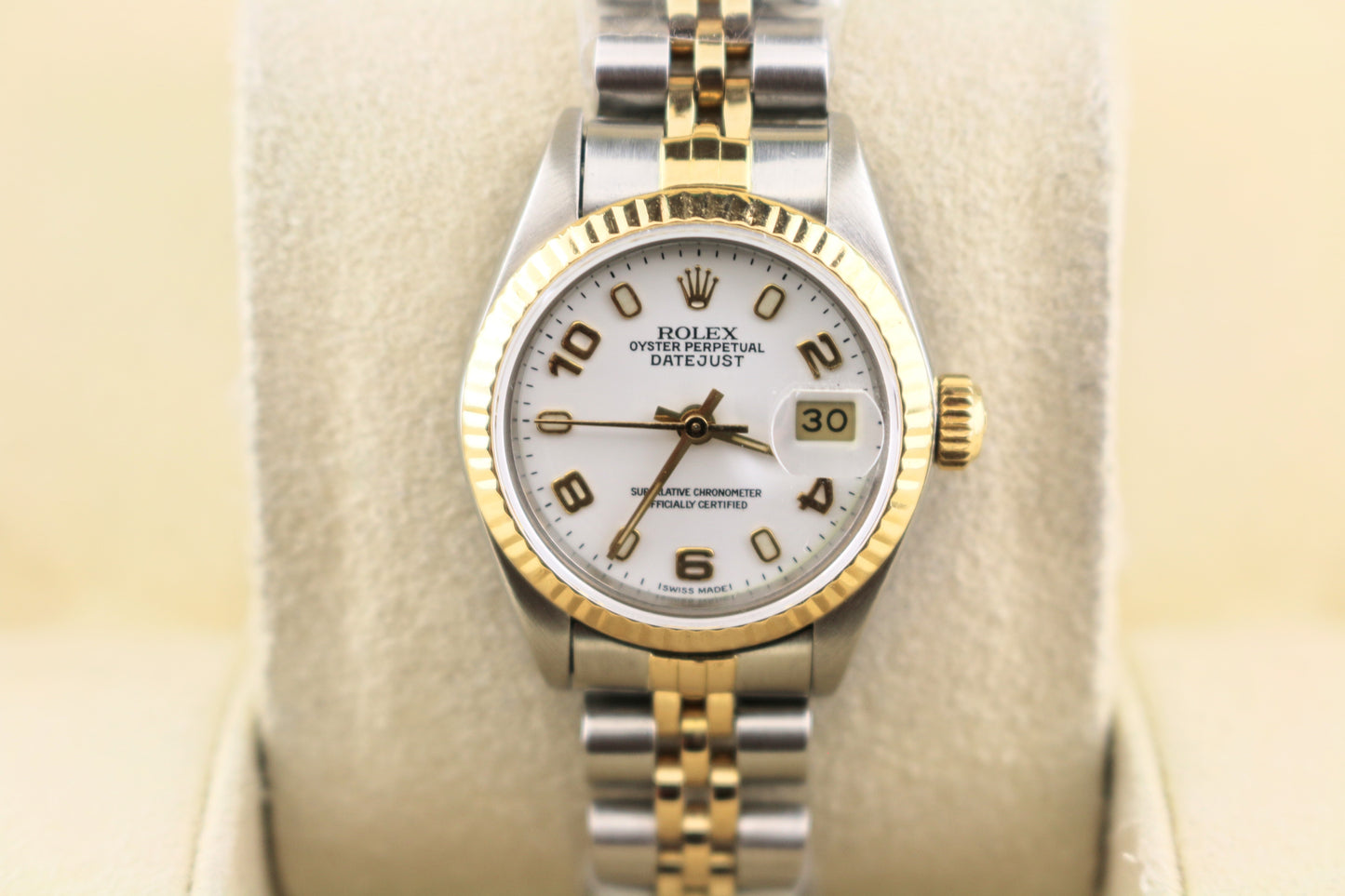 Rolex Ladies Datejust 69173 White Arabic Dial TT 18kt Jubilee With Papers 26mm