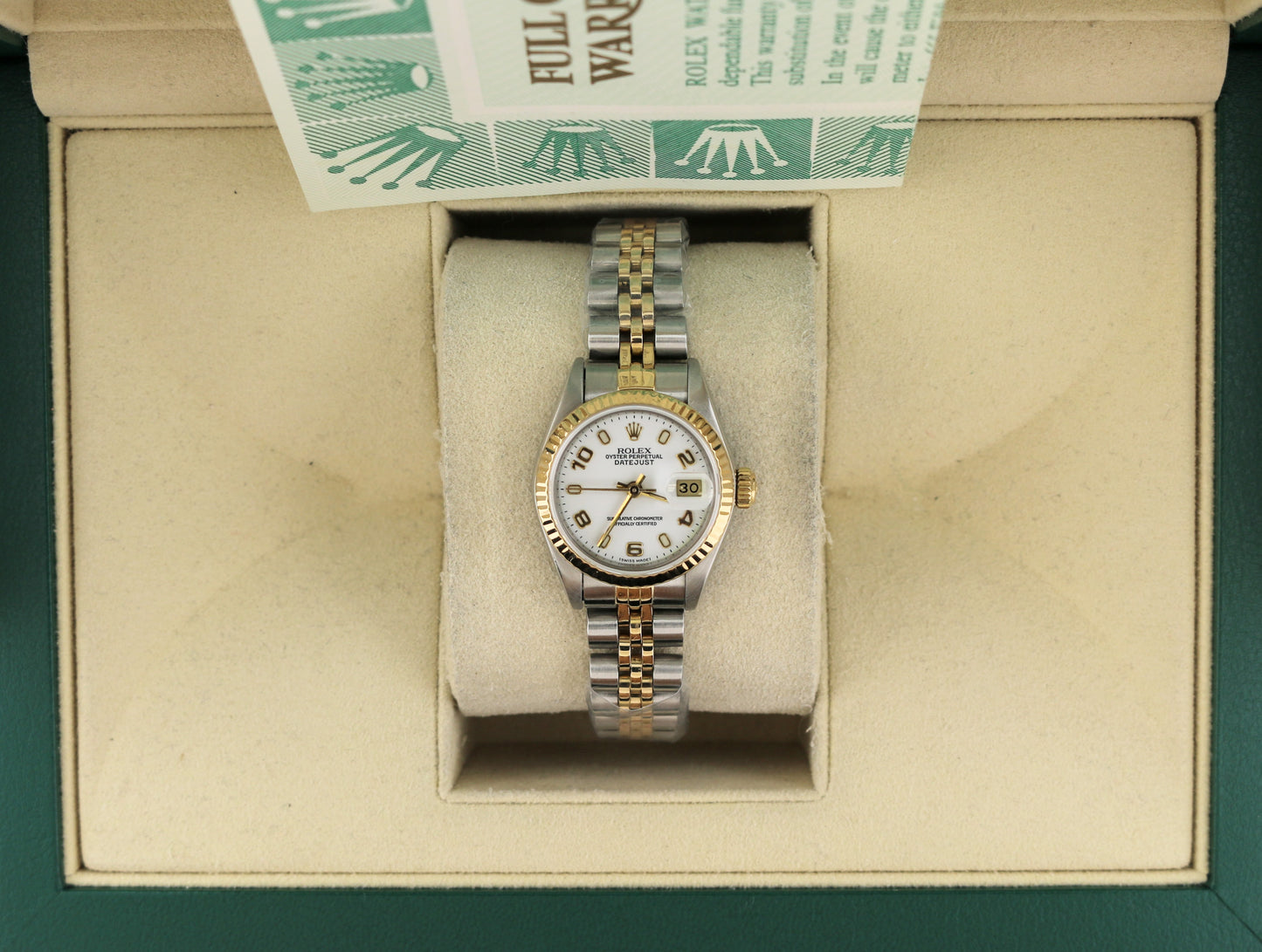 Rolex Ladies Datejust 69173 White Arabic Dial TT 18kt Jubilee With Papers 26mm