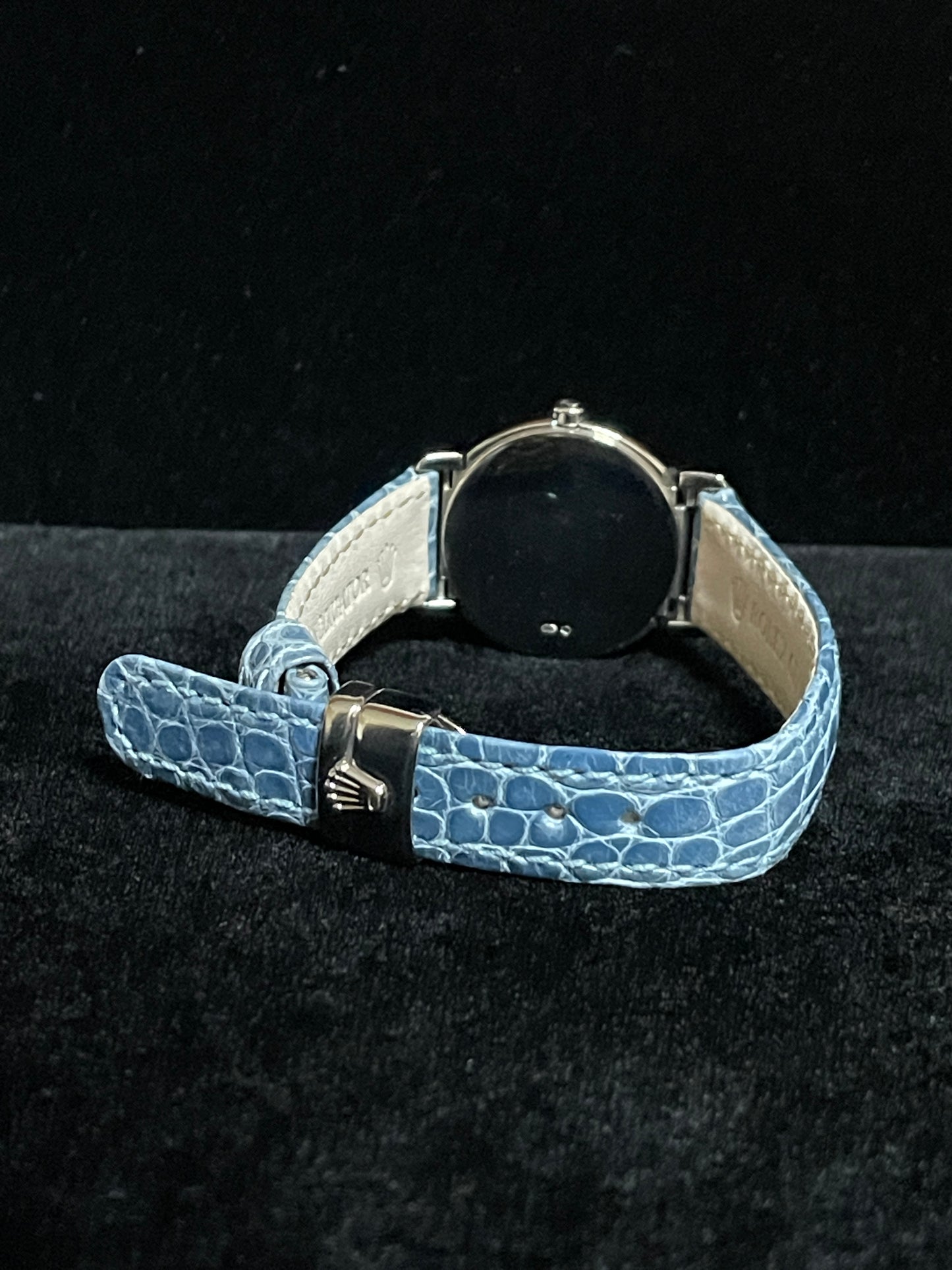 2001 Rolex Ladies Cellini 6672 Pink Roman Dial Blue Leather Strap Diam Lugs 18kt