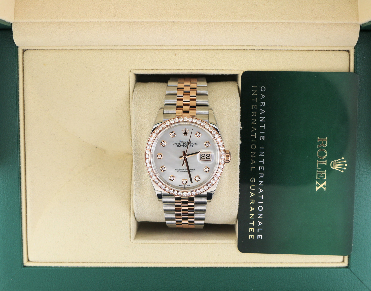 OHA 2023 Rolex Datejust 126281RBR White MOP Diam Dial + Bezel TT Jubilee Papers 36mm