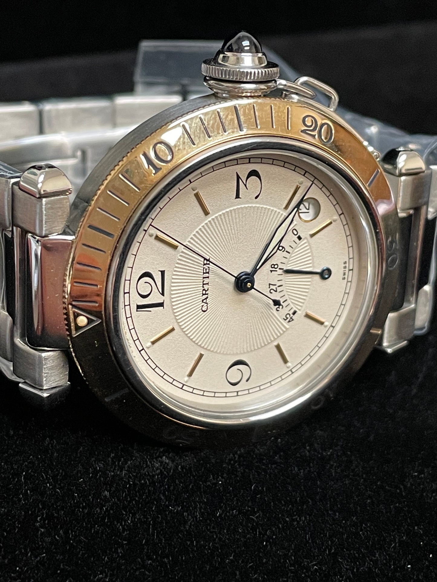 Cartier Pasha Power Reserve 1033 White Dial YG 18kt Bezel SS Watch Only 38mm