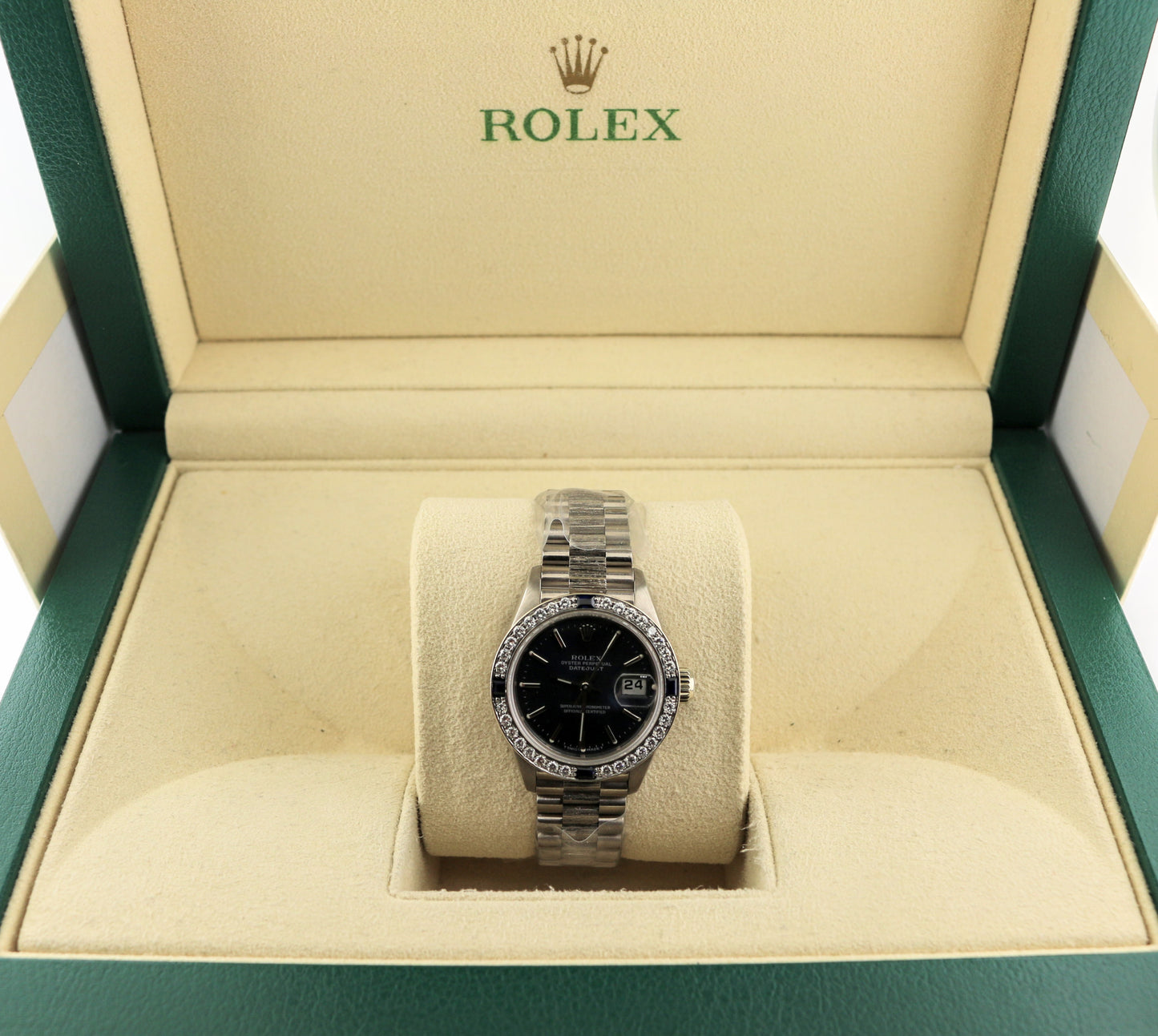 Rolex Ladies Datejust 69279 Blue Dial Diamond Bezel WG President No Papers 26mm
