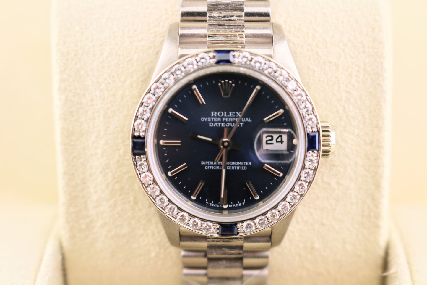 Rolex Ladies Datejust 69279 Blue Dial Diamond Bezel WG President No Papers 26mm
