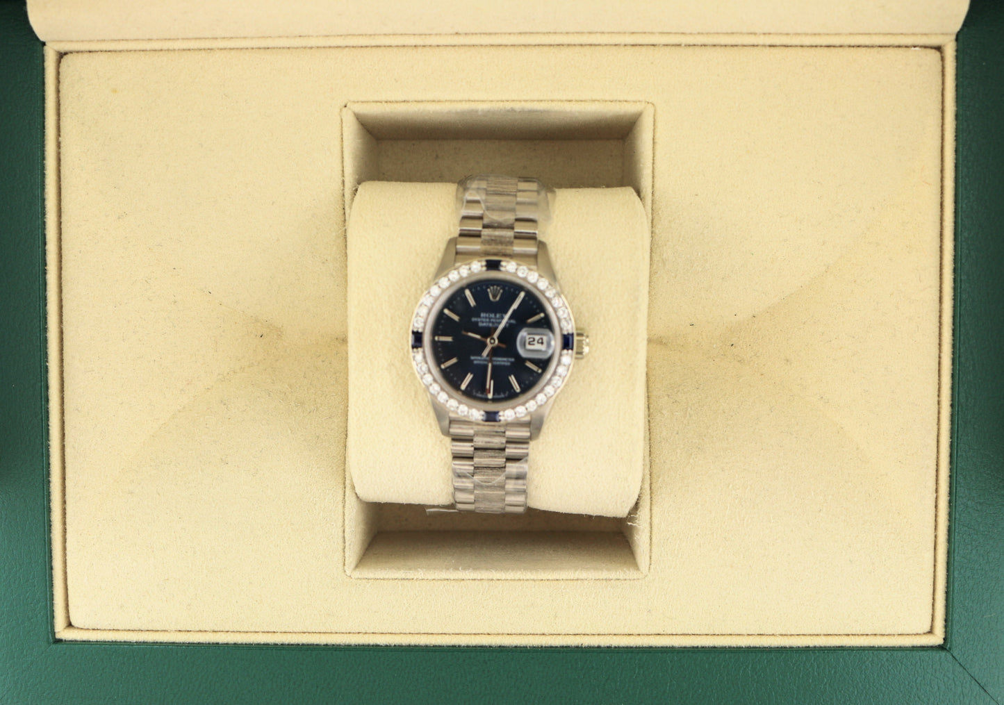 Rolex Ladies Datejust 69279 Blue Dial Diamond Bezel WG President No Papers 26mm