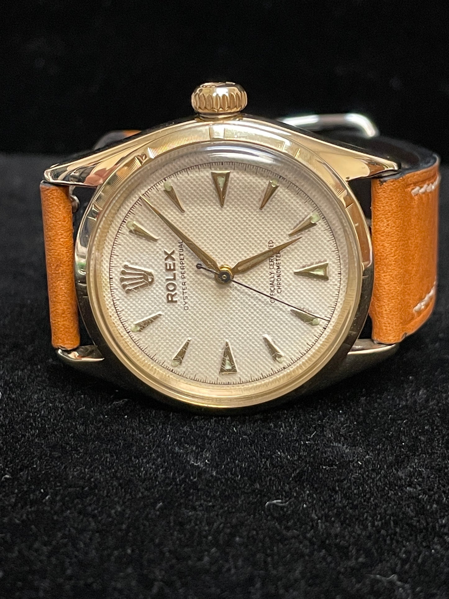 1963 Rolex Oyster Perpetual 14k 6285 Honeycomb Dial Leather Strap with Tags 34mm