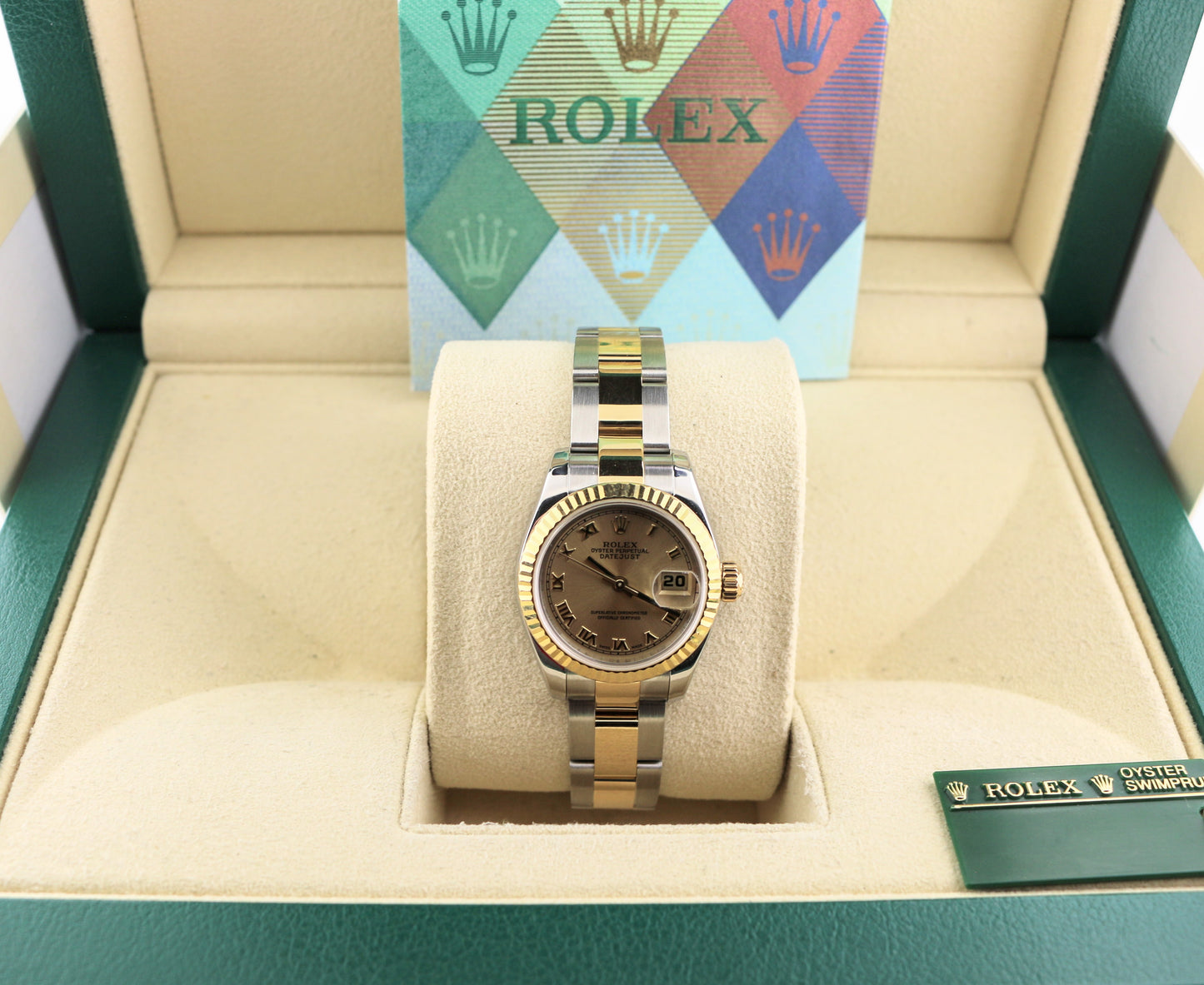2010 Rolex Ladies Datejust 179173 Champagne Roman Dial TT Oyster W/ Papers 26mm