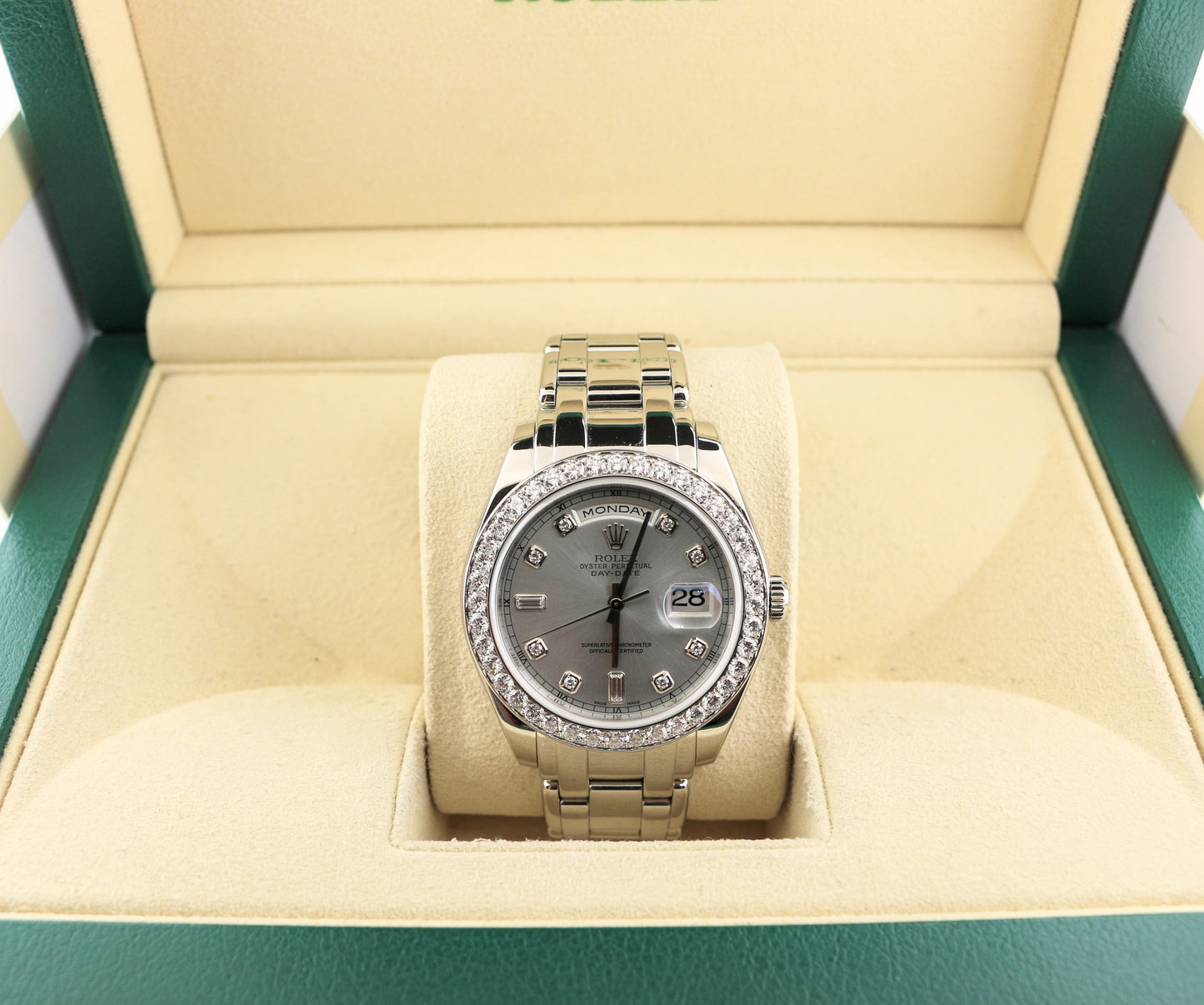 Rolex Day-Date 18946 Ice Blue Diamond Dial and Bezel Platinum Pearlmaster 39mm