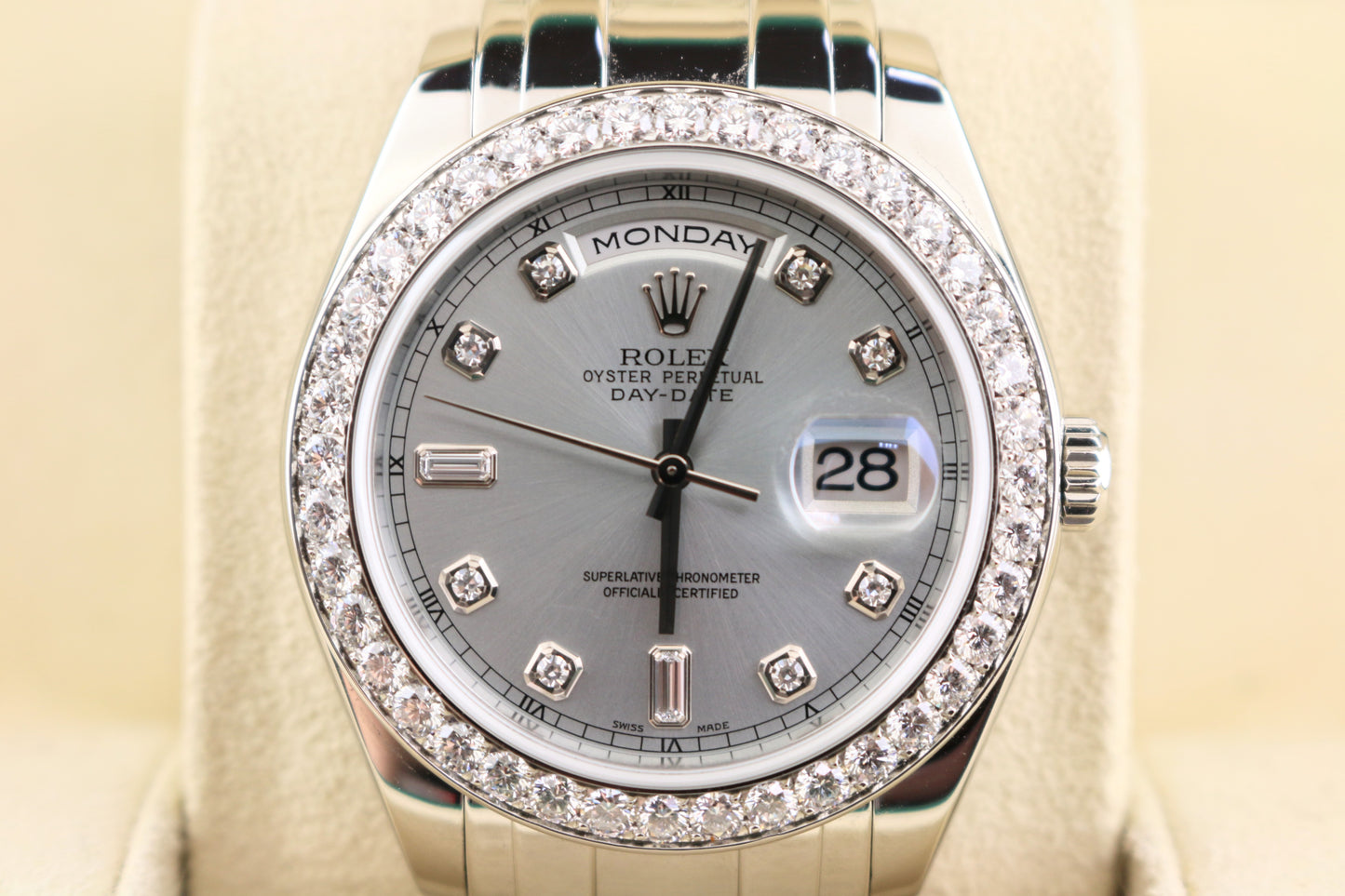 Rolex Day-Date 18946 Ice Blue Diamond Dial and Bezel Platinum Pearlmaster 39mm