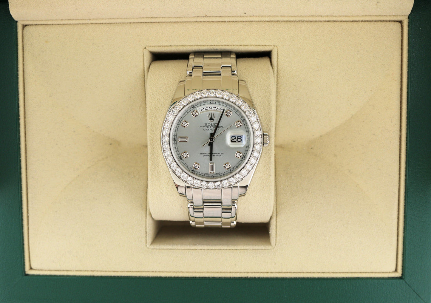 Rolex Day-Date 18946 Ice Blue Diamond Dial and Bezel Platinum Pearlmaster 39mm